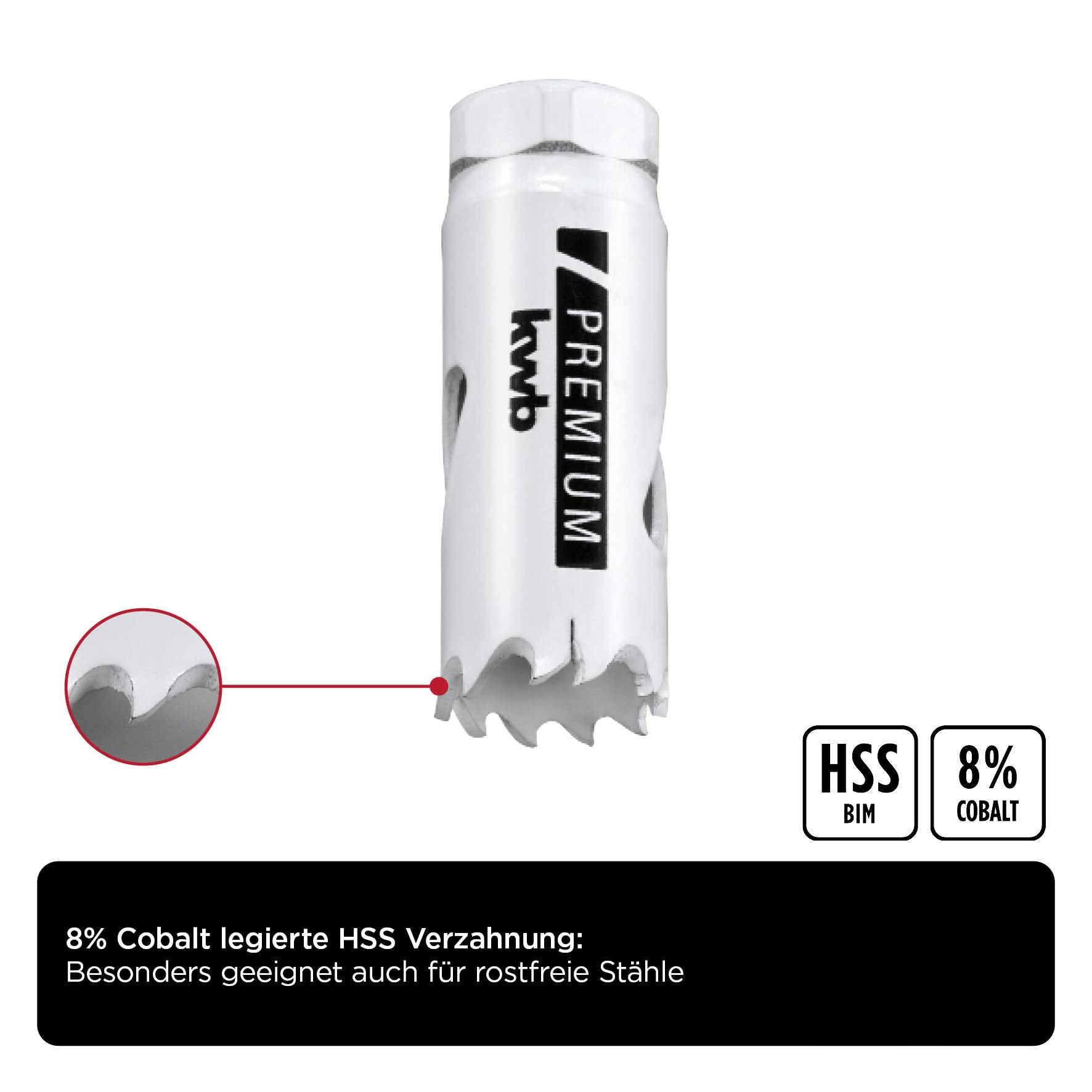 Metallsäge mit 'kwb' Logo. Text: '8% Cobalt legierte HSS Verzahnung: Besonders geeignet auch für rostfreie Stähle'.