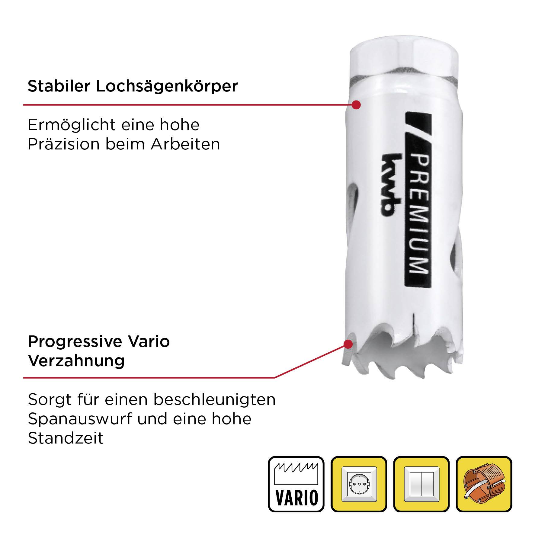 Lochsäge mit stabiler Bauweise für präzises Arbeiten, progressive Verzahnung für schnellen Spanauswurf und lange Standzeit.