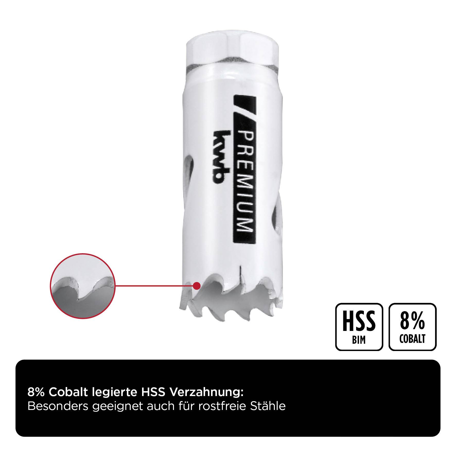 'Premium' Lochsäge mit 8% Kobaltlegierung für Edelstahl, Detailansicht der Verzahnung. Besondere Eignung für rostfreie Stähle.