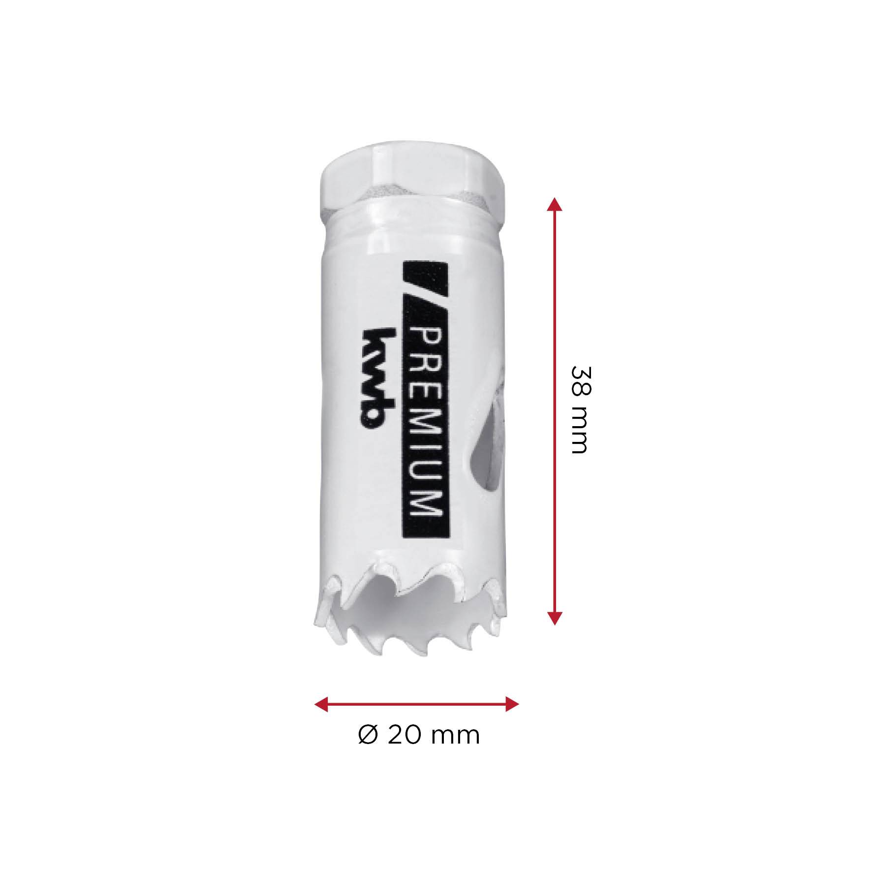 Lochsäge mit einem Durchmesser von 20 mm und einer Länge von 38 mm, weiß, mit 'Premium' und 'kwb' Aufdruck.