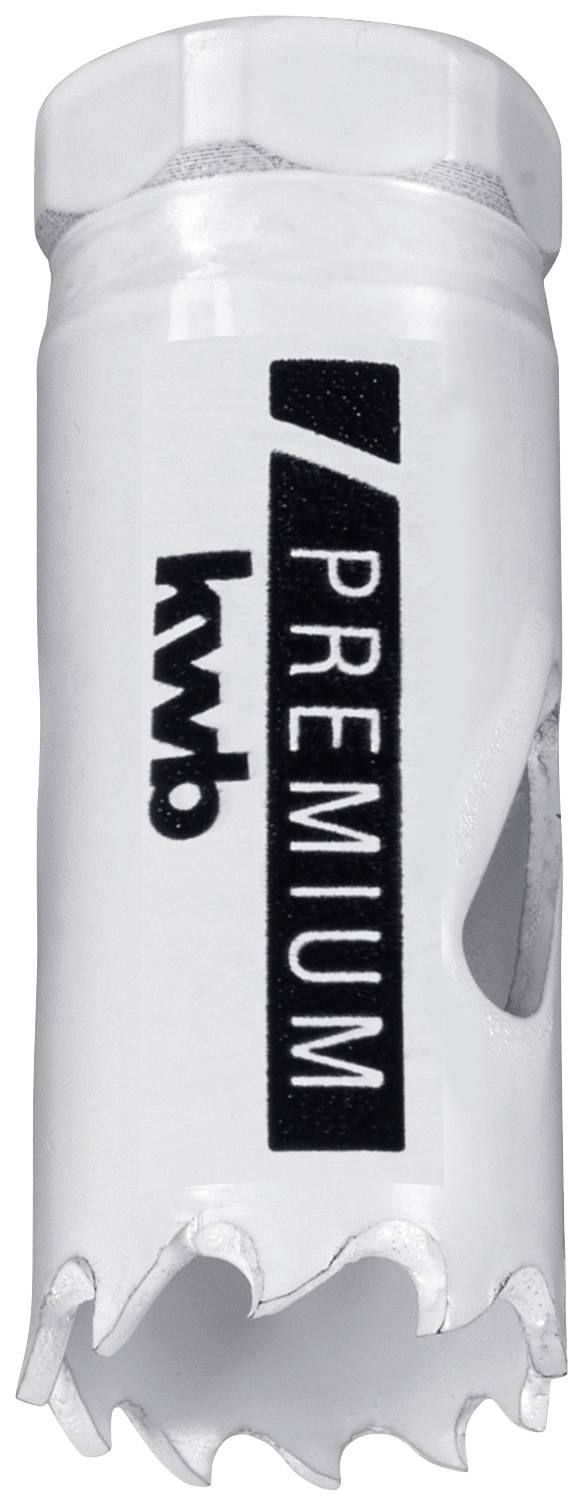 Sägeblatt in zylindrischer Form mit gezacktem Rand, weiß lackiert, Text 'kwb Premium' auf der Seite, geeignet zum Schneiden von Materialien.