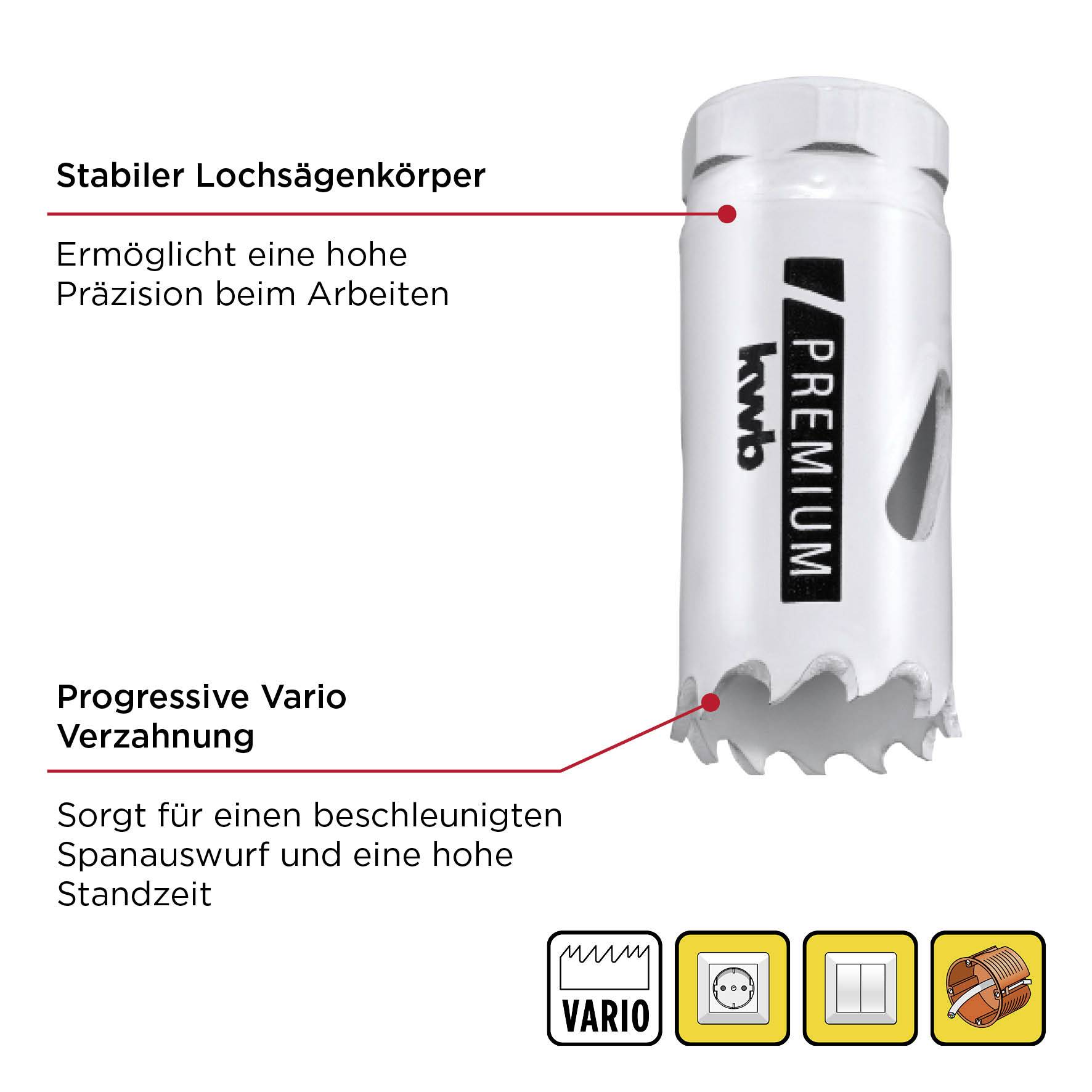 Metall-Lochsäge mit stabilem Körper und progressiver Vario-Verzahnung für präzises Arbeiten und schnellen Spanabwurf. Ideal für längere Nutzung.