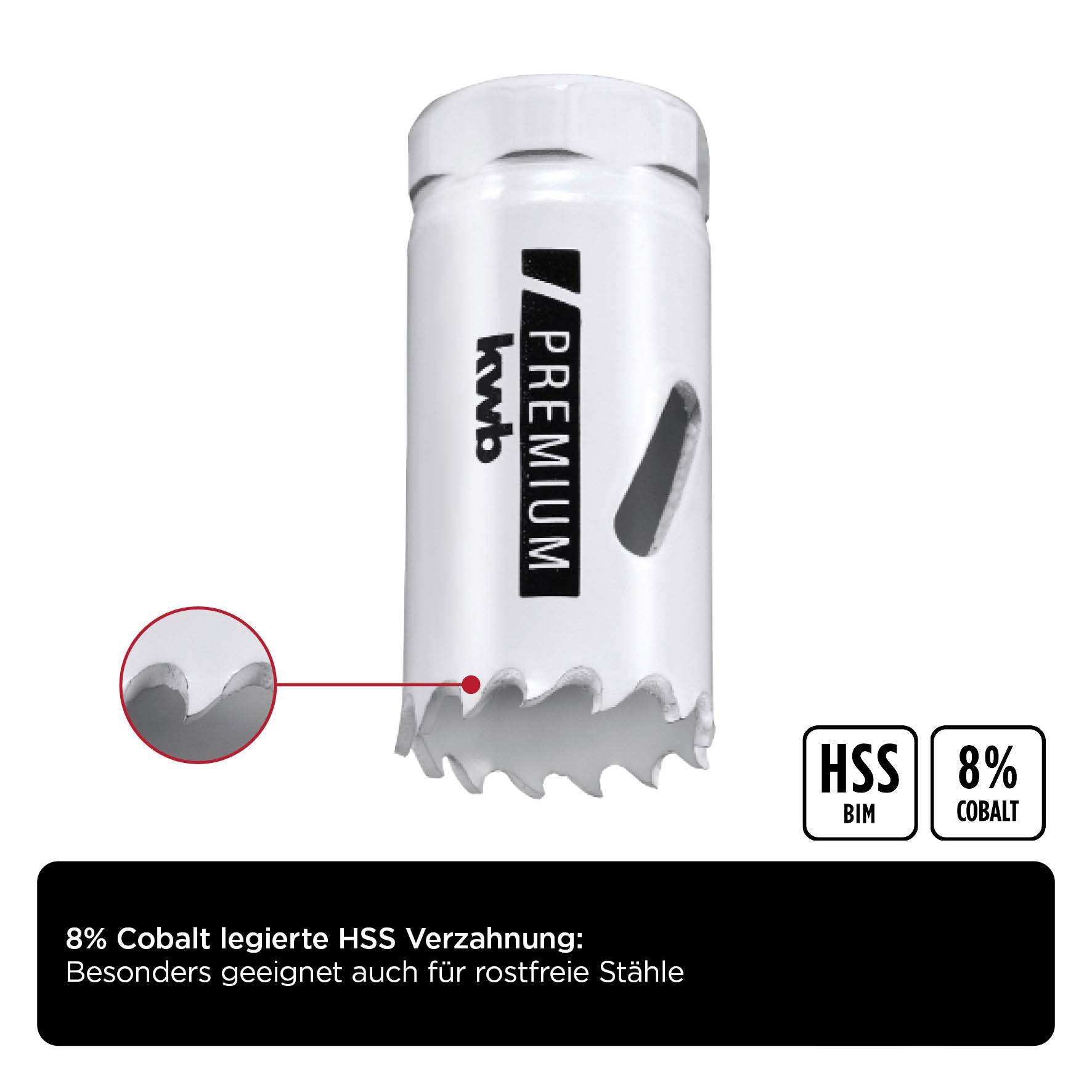 Sägekrone mit '8% Cobalt legierte HSS Verzahnung'. Geeignet für rostfreie Stähle. Textur und HSS BIM 8% Cobalt hervorgehoben.