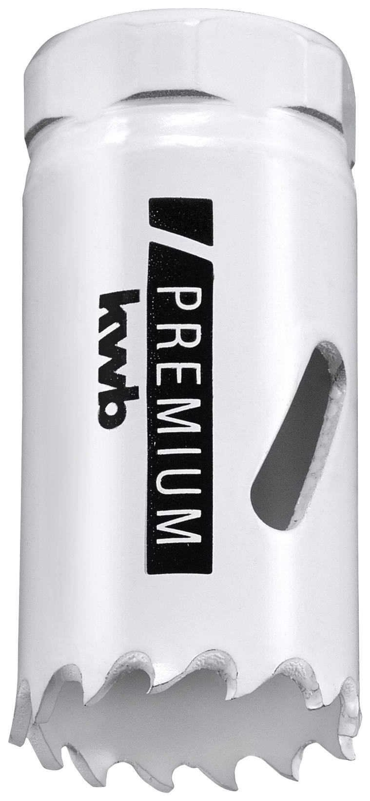 Weißes Sägeblatt mit 'Premium' und 'kwb' Logo, geeignet für Bohrmaschinen, mit seitlicher Öffnung zur Spanabfuhr.