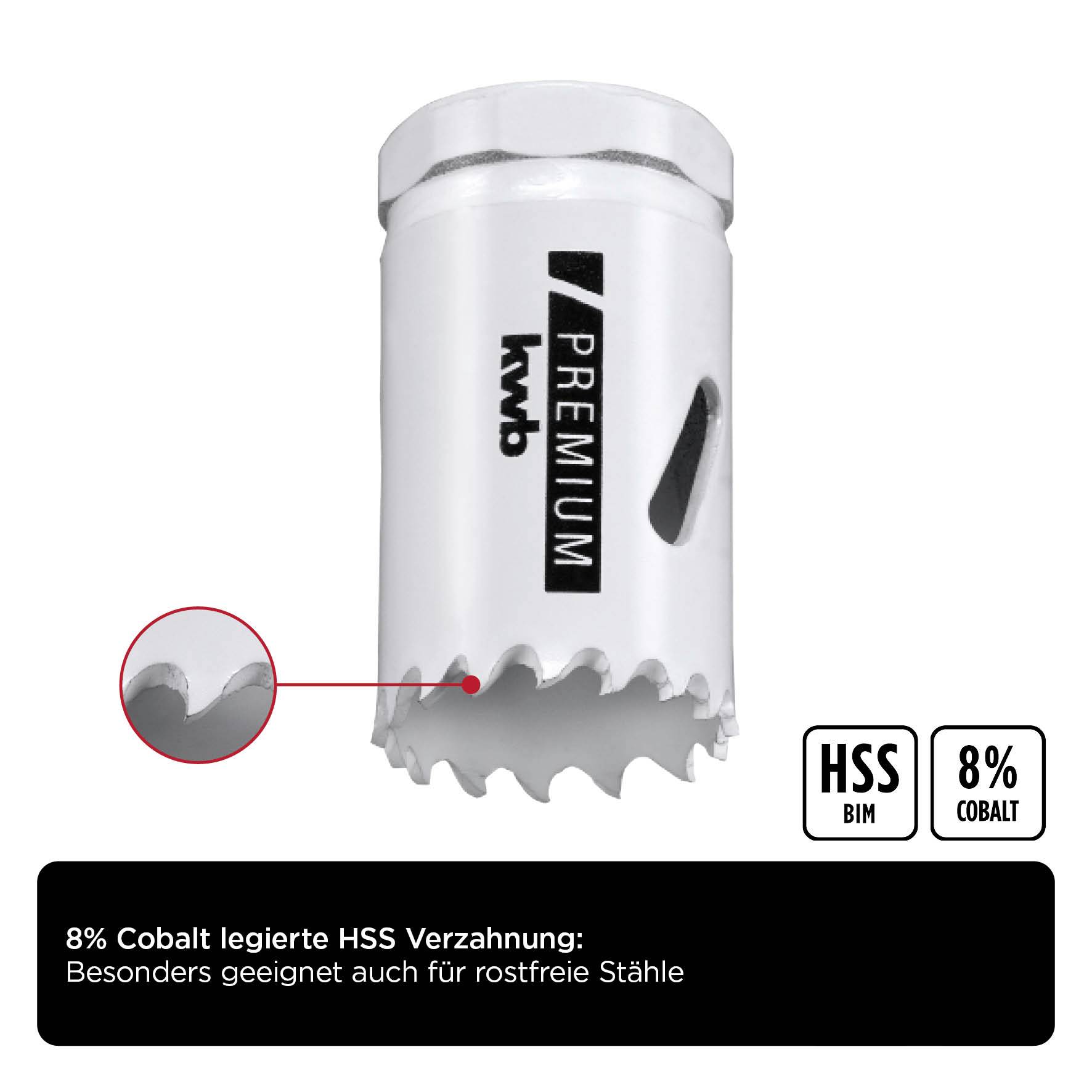 Lochsäge mit 8% kobaltlegierter HSS-Verzahnung, geeignet für rostfreie Stähle. Nebenansicht zeigt scharfe Zähne. Label: 'HSS 8% Cobalt'.