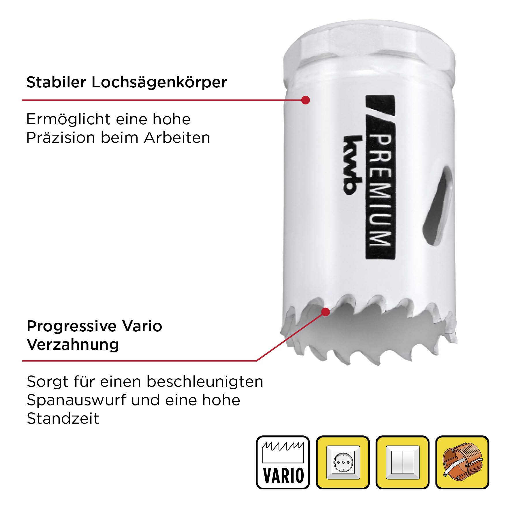 Lochsäge mit stabilem Körper und progressiver Verzahnung, die für präzises Arbeiten und schnellen Spanabwurf sorgt. Symbole für Schneiden und Präzision.