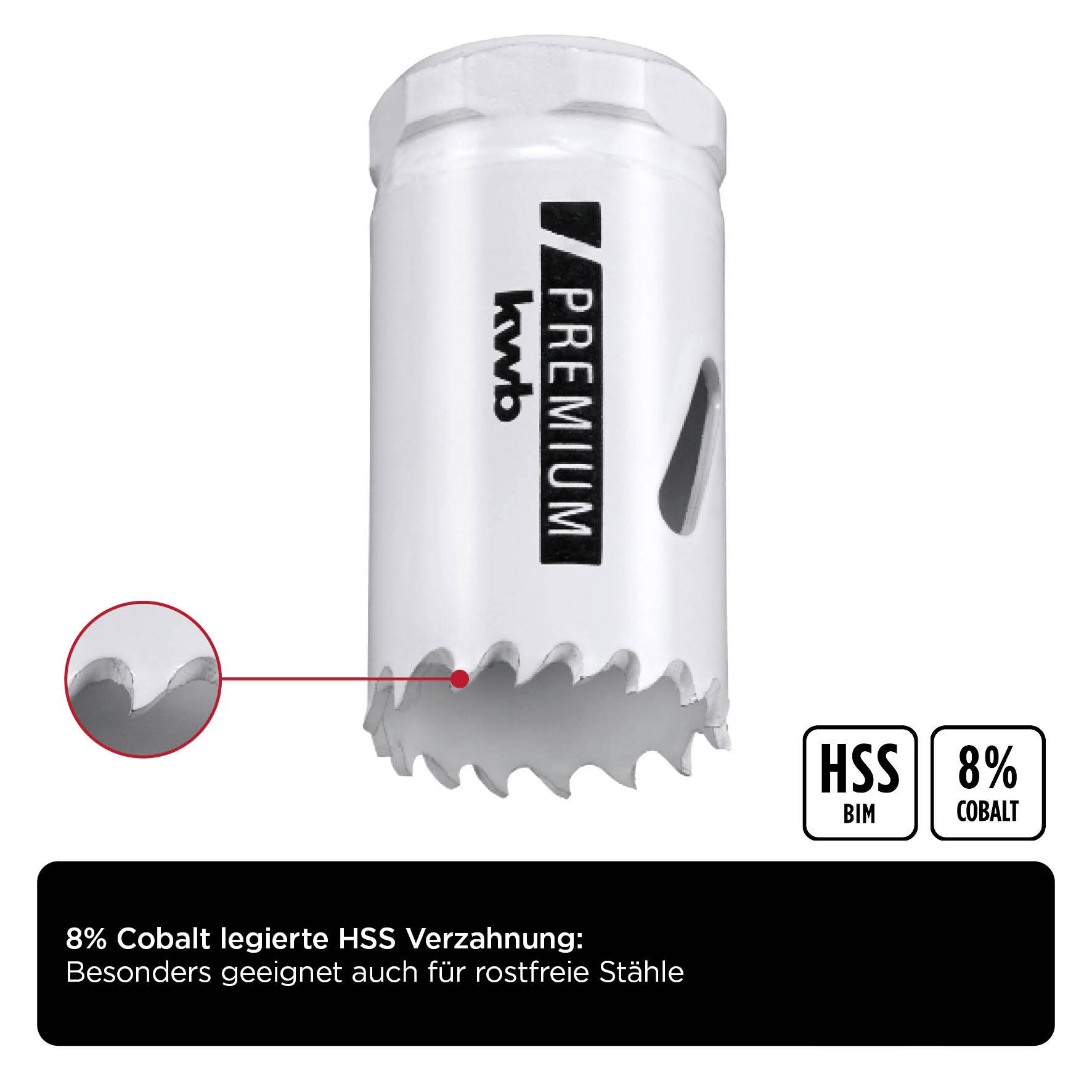 Lochsäge mit HSS-BIM und 8% Kobalt für verbesserte Leistung bei Edelstahl, hervorgehobene Zahnausführung zeigt Schärfe und Robustheit.