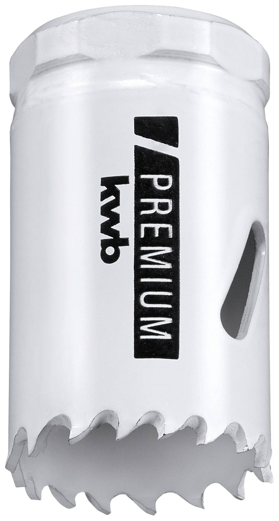 Ein weißer Lochsägeaufsatz mit gezackter Kante und der Aufschrift 'KWB Premium'. Geeignet zum Bohren in verschiedenen Materialien.