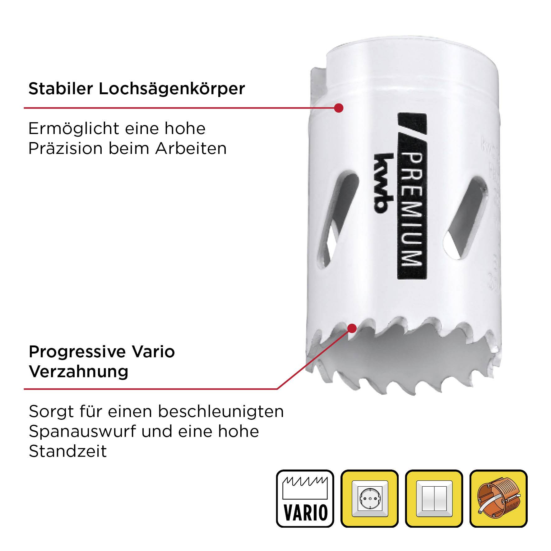 Lochsäge mit stabilem Körper und progressiver Verzahnung, erhöht Präzision und Standzeit, beschleunigt Spanabwurf.