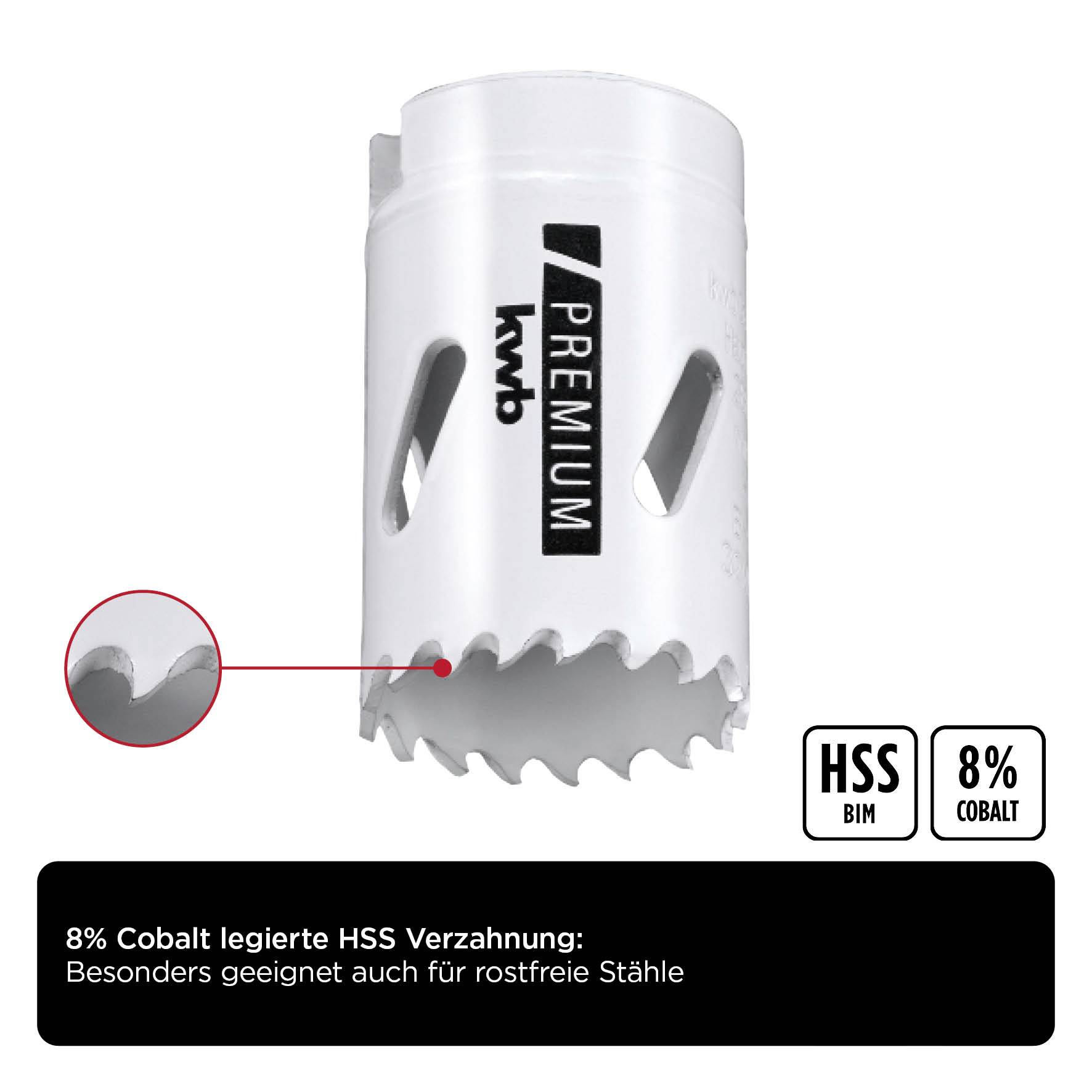 Lochsäge mit 8% Cobalt HSS Verzahnung, Marke KWB Premium. Geeignet für rostfreie Stähle. Nahansicht zeigt Verzahnungsdetail.