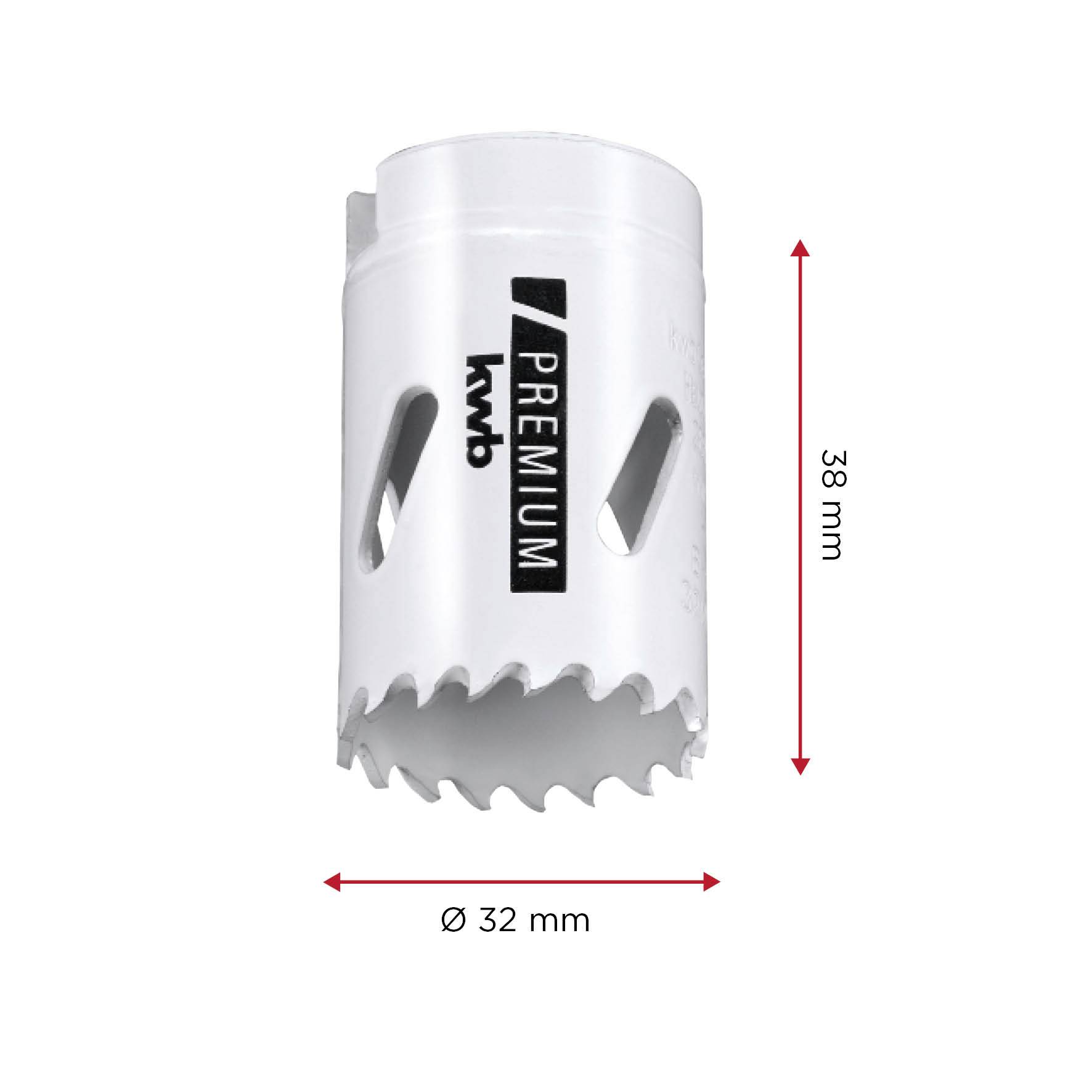 'Lochsäge kwb Premium' mit Öffnungen an der Seite, Gesamtlänge 38 mm, Durchmesser 32 mm. Ideal für präzises Bohren in verschiedenen Materialien.