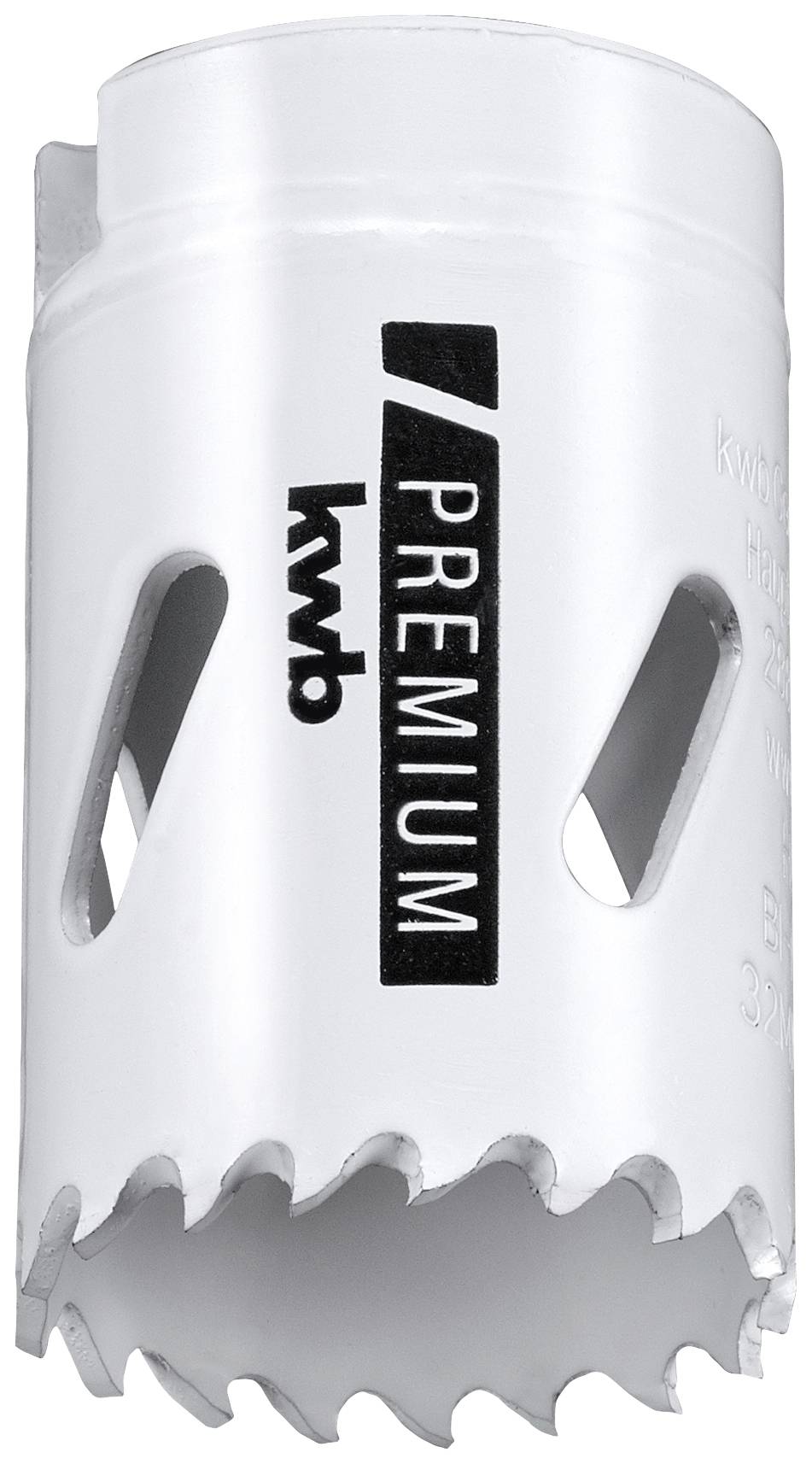 Bohrkrone aus Metall, weiß, mit scharfen Zähnen unten und der Aufschrift 'Premium' in Schwarz. Verwendet für präzises Bohren.