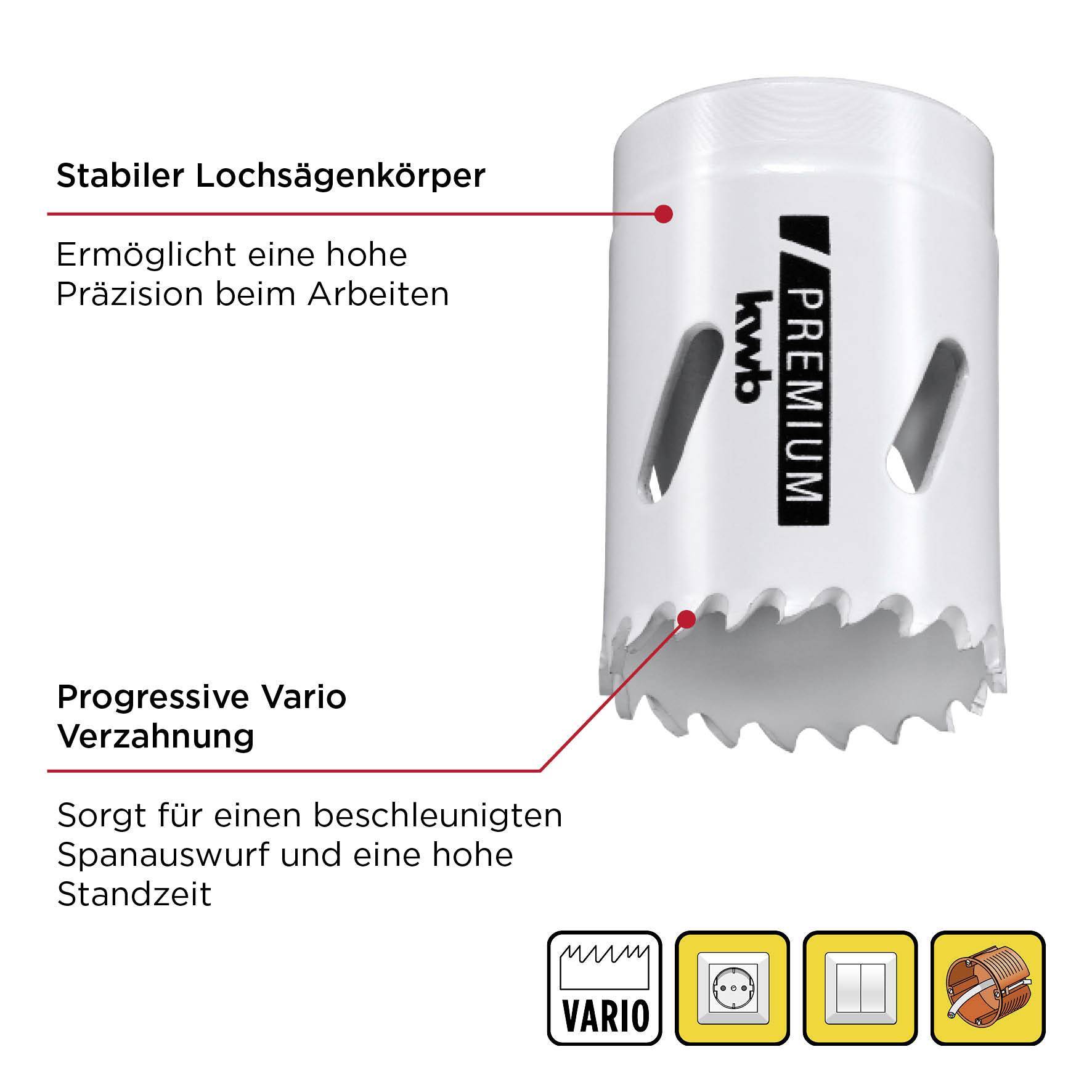 Lochsäge mit stabiler Bauweise und progressiver Verzahnung für präzises Arbeiten und schnellen Spanabwurf. Symbole unten zeigen Anwendungen.