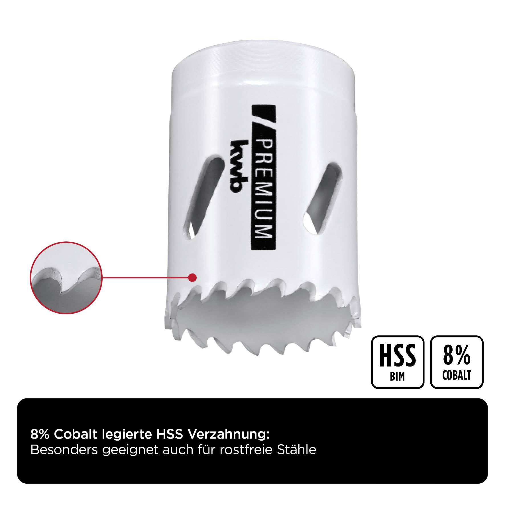 'Premium' HSS Sägekrone mit 8% Kobalt, ideal für rostfreie Stähle. Bild zeigt die Zahnung und Logo.