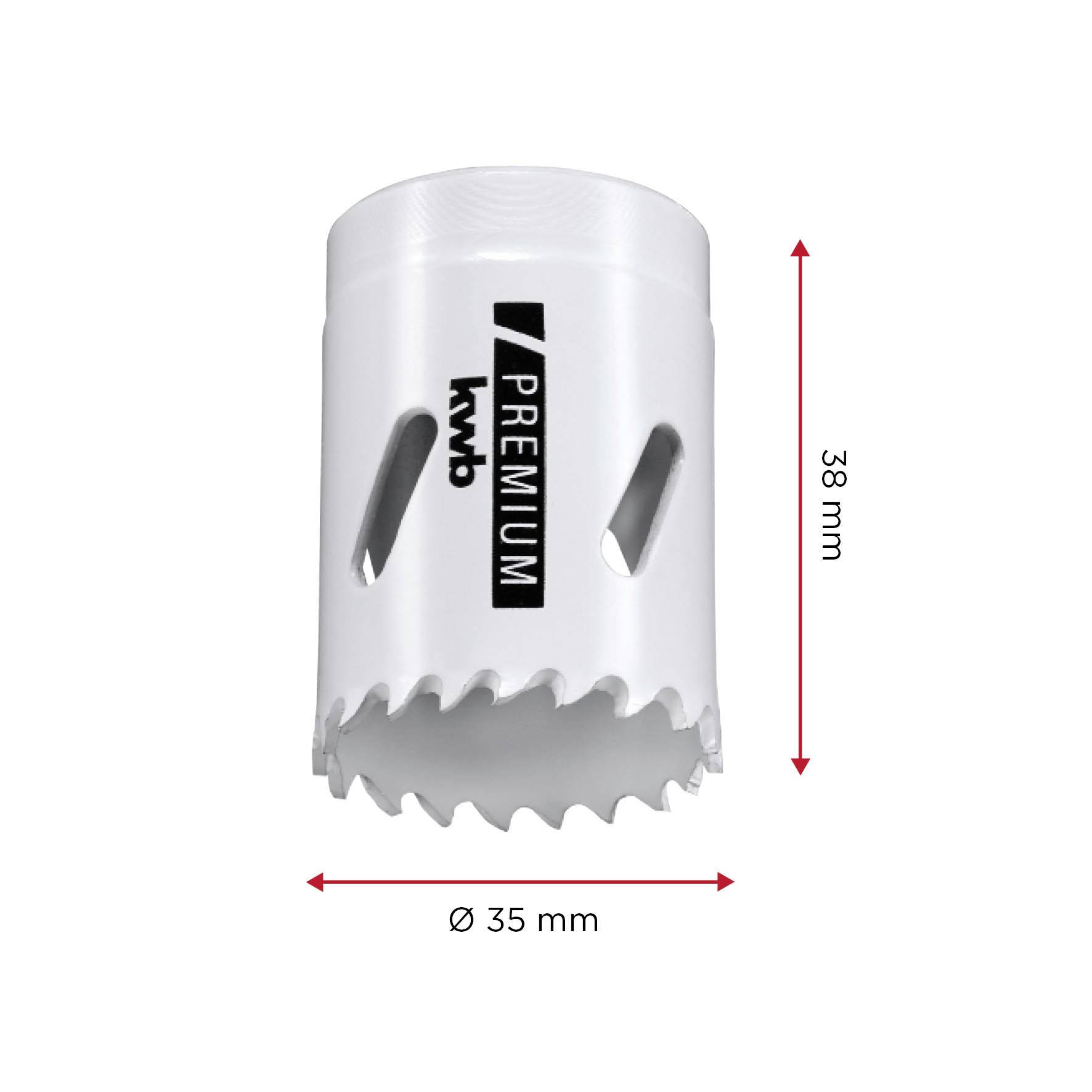 Metall-Lochsäge mit Ø 35 mm und einer Länge von 38 mm, weiß, Beschriftung 'kwb Premium', geriffelte Schneidkante, seitliche Öffnungen.