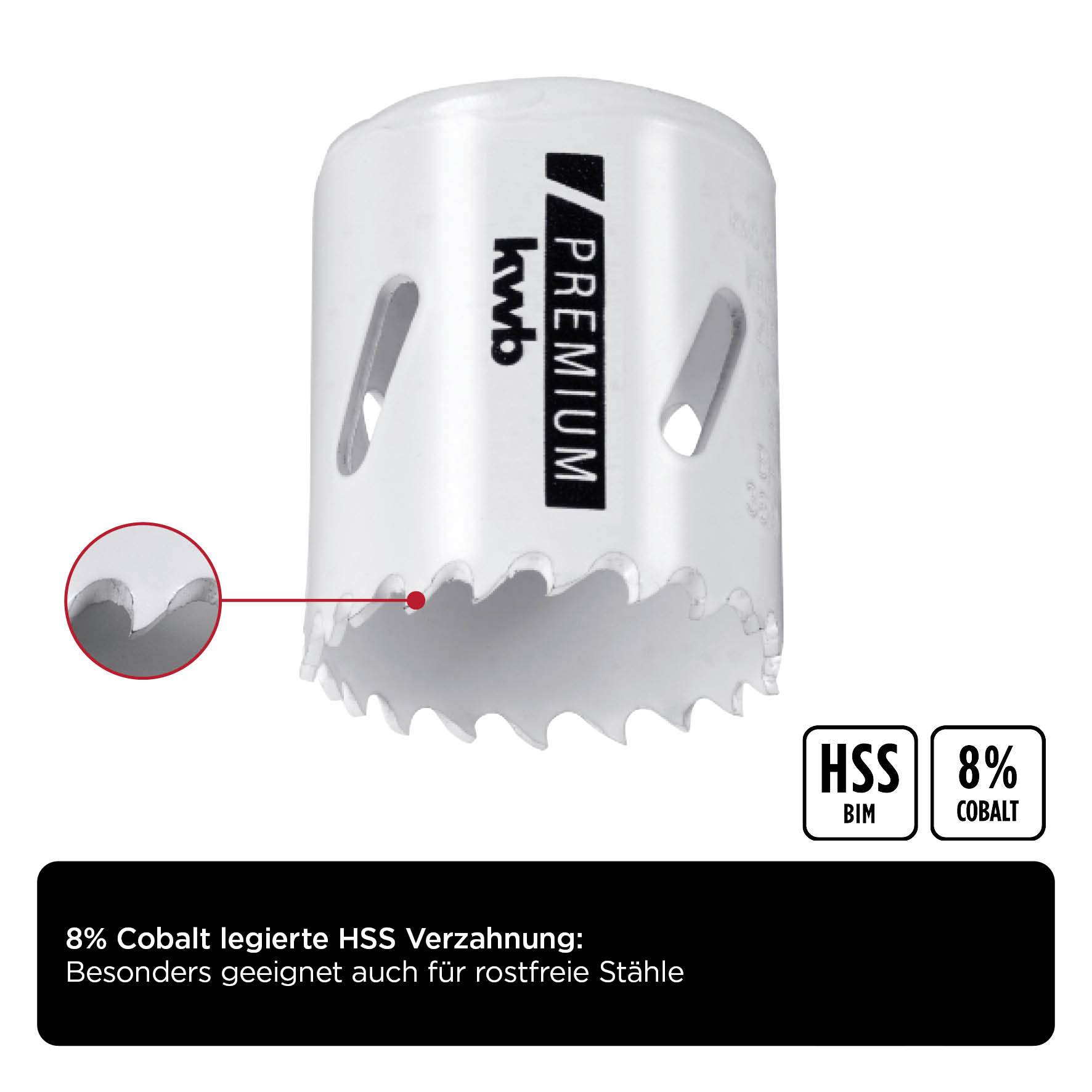 Lochsäge mit gewellter Verzahnung, beschriftet '8% Cobalt'. Geeignet für rostfreie Stähle. Verpackungstext: 'HSS BIM 8% Cobalt'.