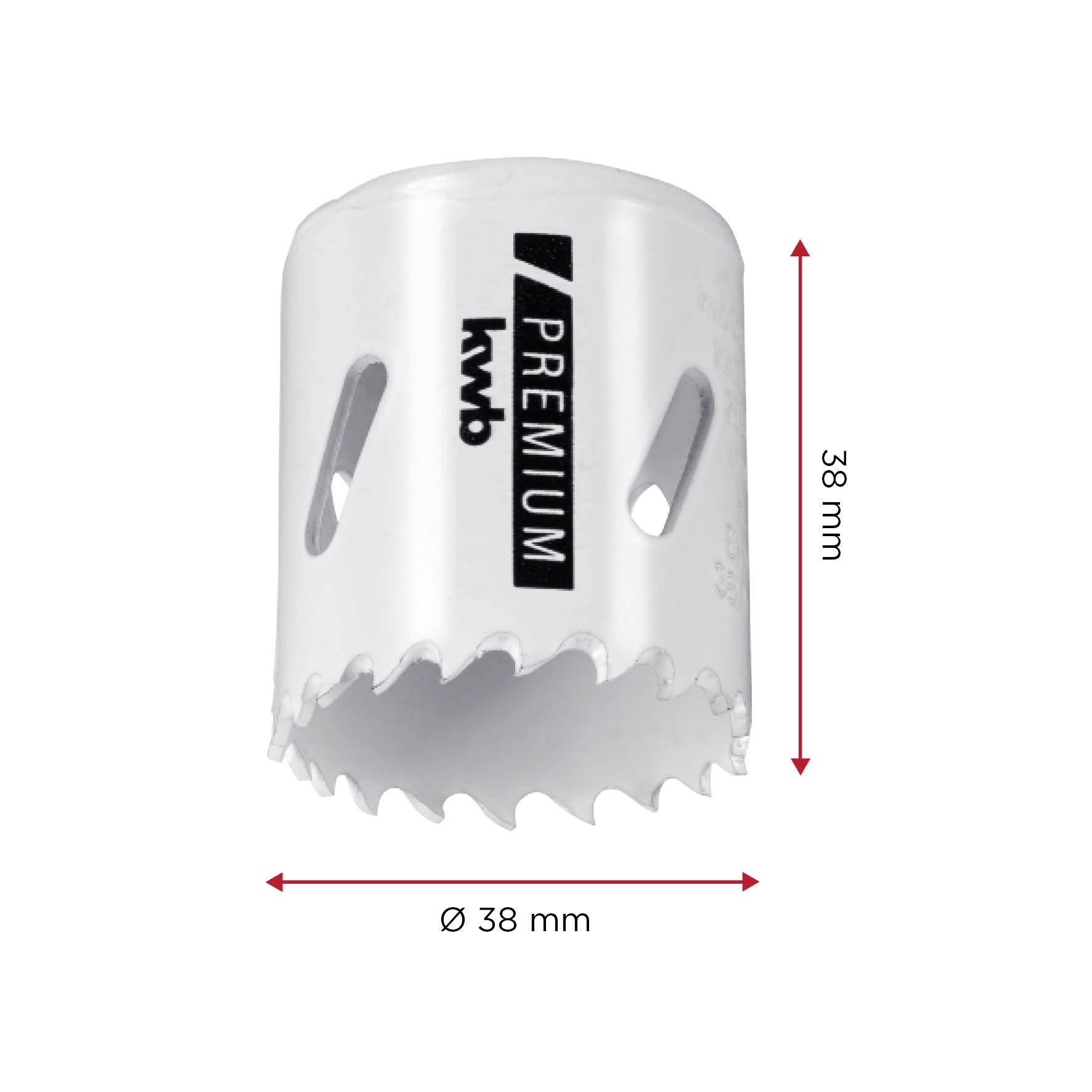 Ein weißer Lochsägenaufsatz mit der Aufschrift 'Premium kwb', 38 mm Durchmesser. Links und rechts sind Längenangaben in Rot.