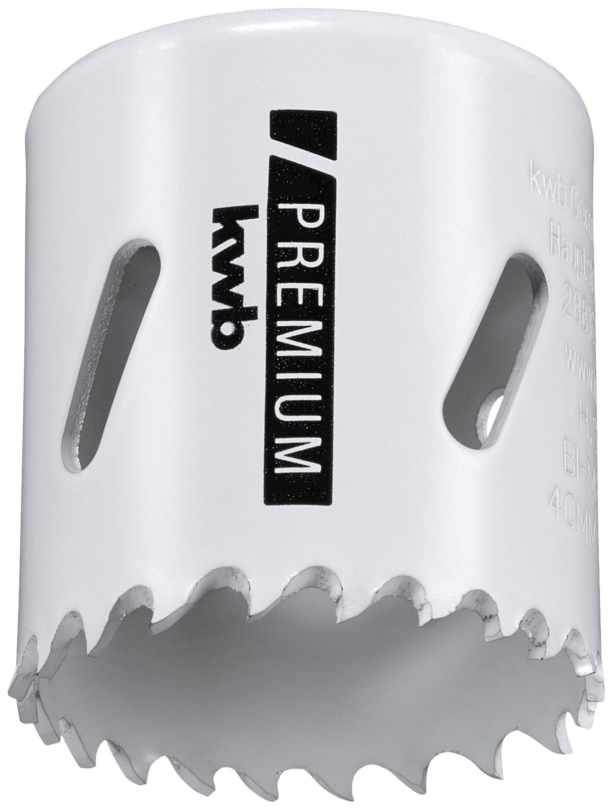 Metallsägekrone mit scharfen Zähnen und 'KWB Premium'-Logo, geeignet für präzises Bohren in harte Materialien.