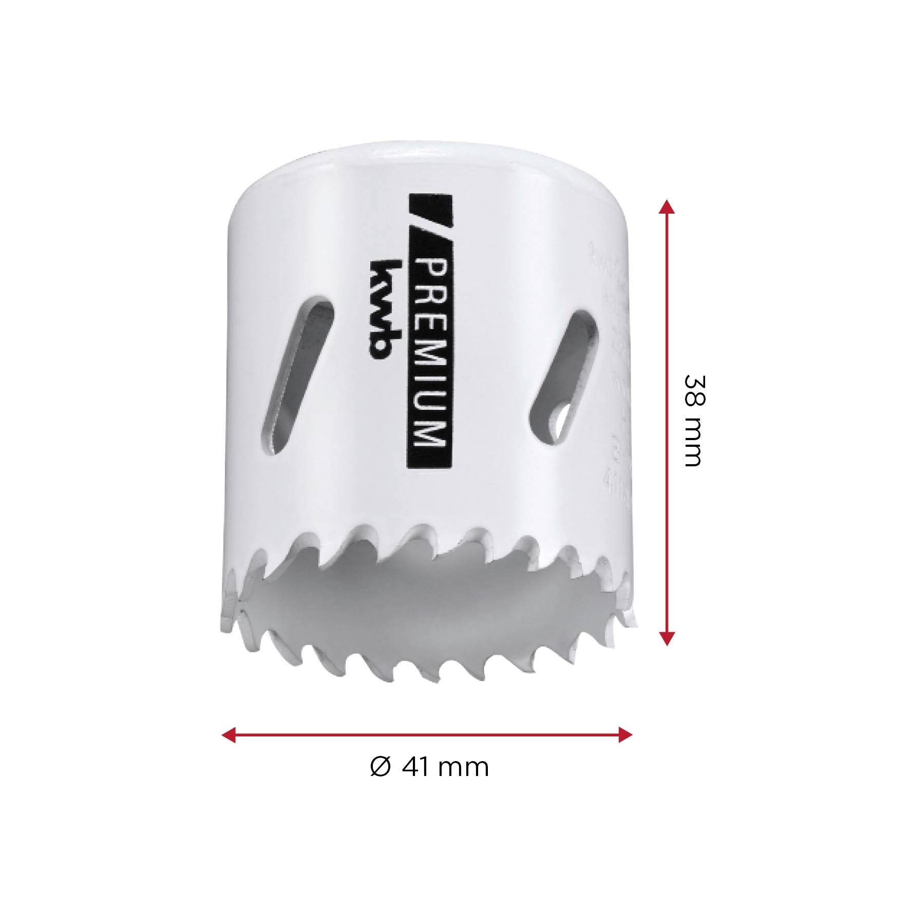 Metallsägeblatt in Weiß, gekennzeichnet mit 'kwb PREMIUM', Durchmesser 41 mm, Höhe 38 mm. Verwendet für präzise Bohrungen.