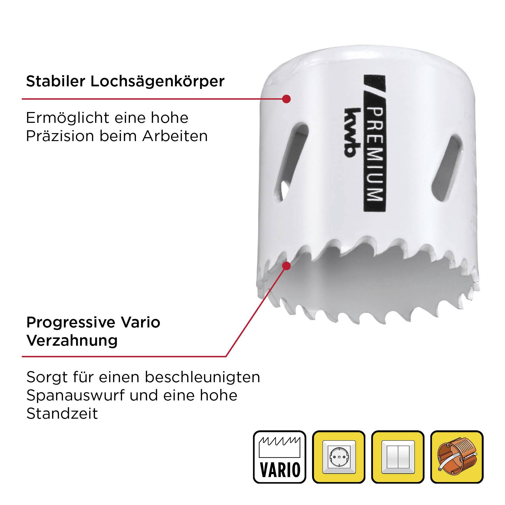 Lochsäge mit stabilem Körper für präzises Arbeiten. Progressive Vario-Verzahnung beschleunigt Spanabwurf, hohe Standzeit.