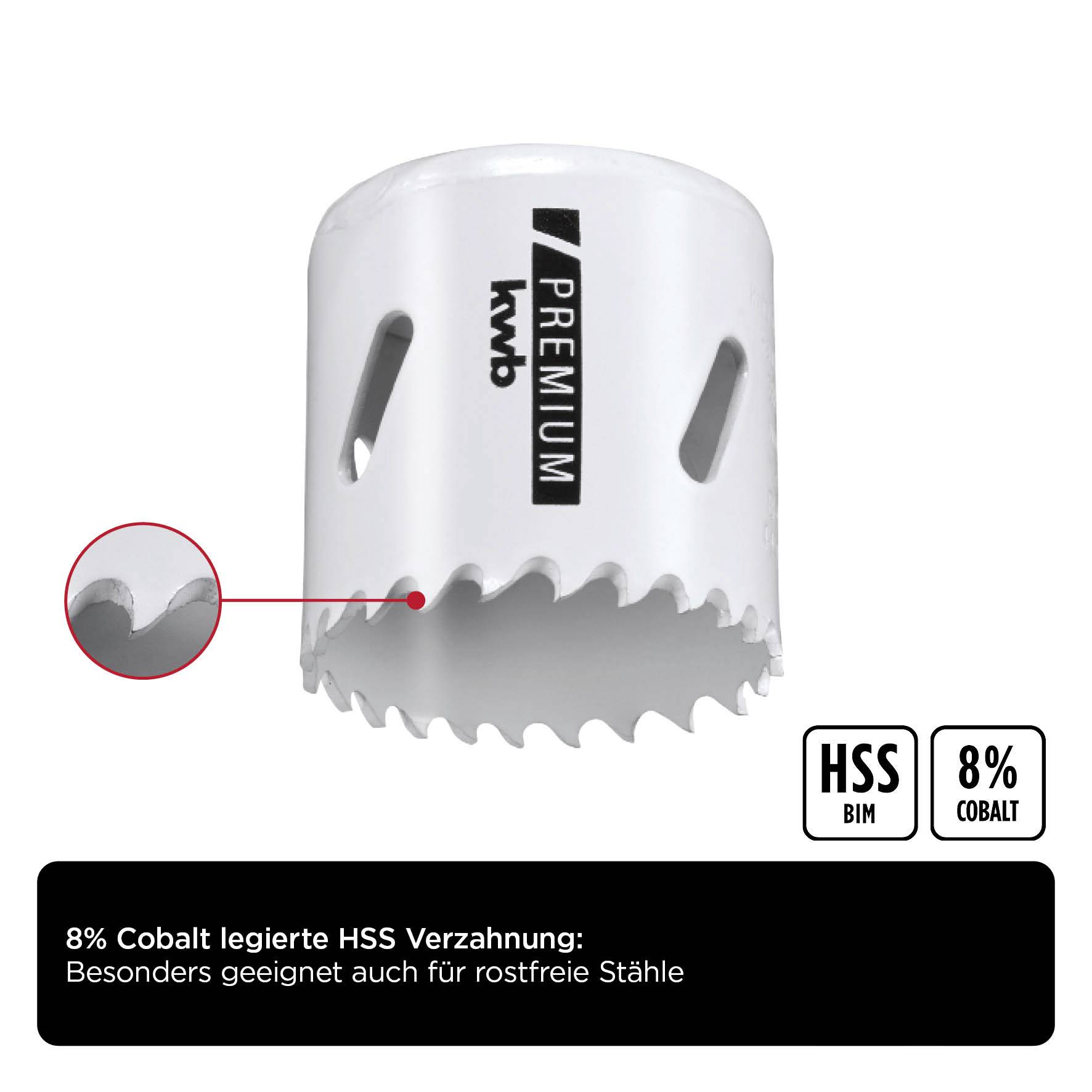 Weißer Sägekranz mit 8% Kobalt legierter HSS Verzahnung. Besonders geeignet für rostfreie Stähle. Etikett: HSS BIM, 8% Kobalt.