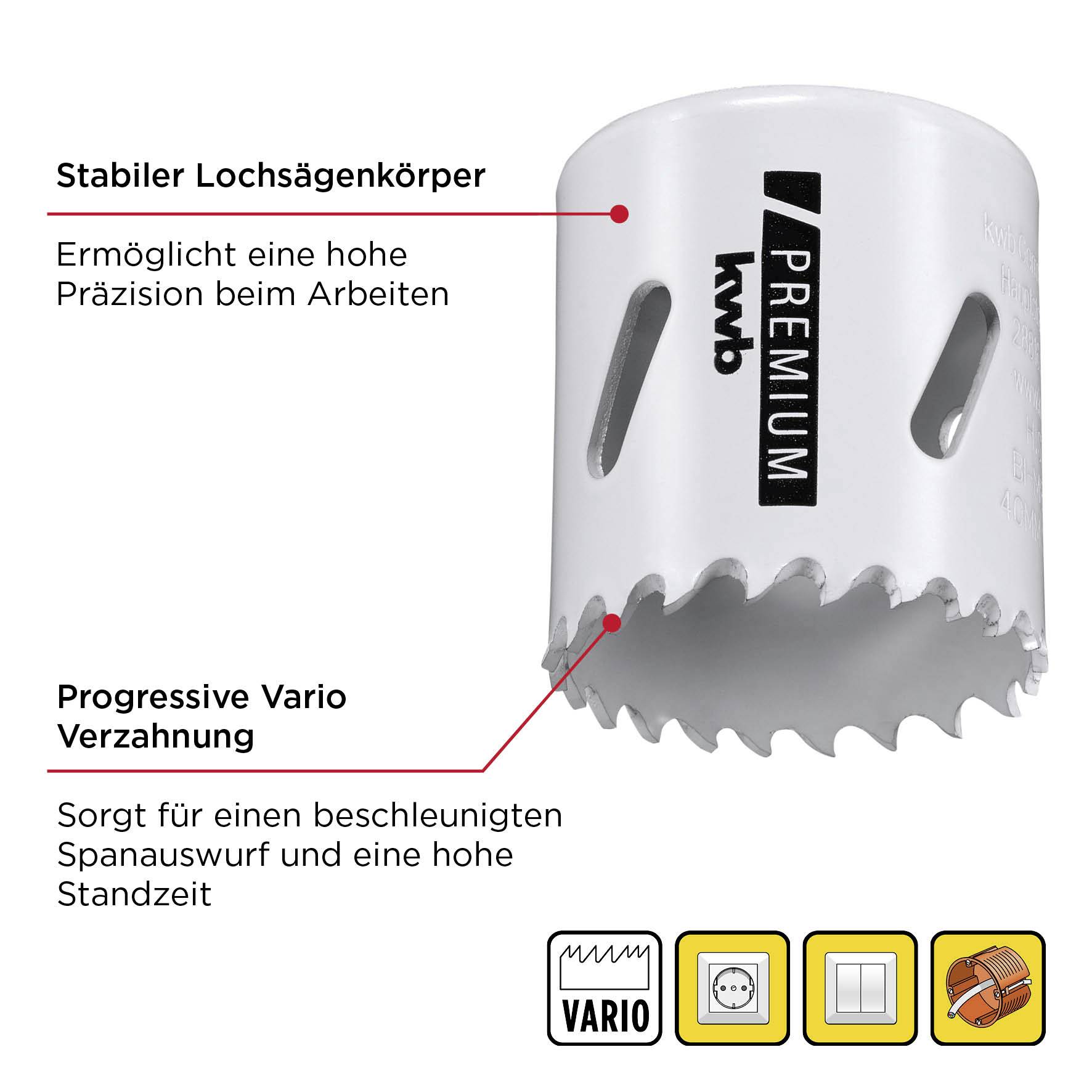 Stabile Lochsäge mit progressiver Vario Verzahnung für präzises Arbeiten und schnellen Spanabwurf; Symbol für Vario-Funktion.
