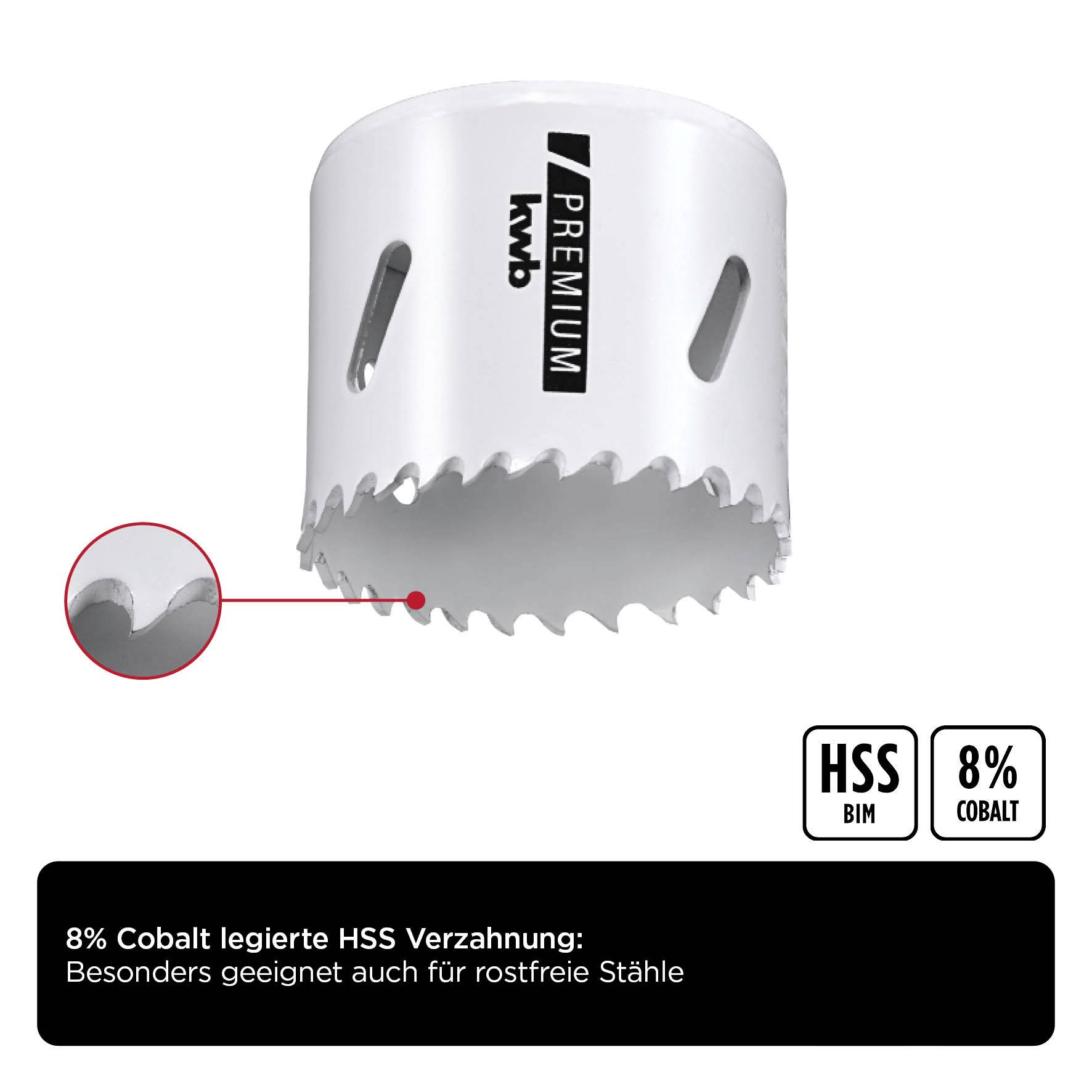Lochsäge mit HSS-BiM Verzahnung, geeignet für rostfreie Stähle. Produktinfo: 8% Kobaltgehalt, Premiumqualität.