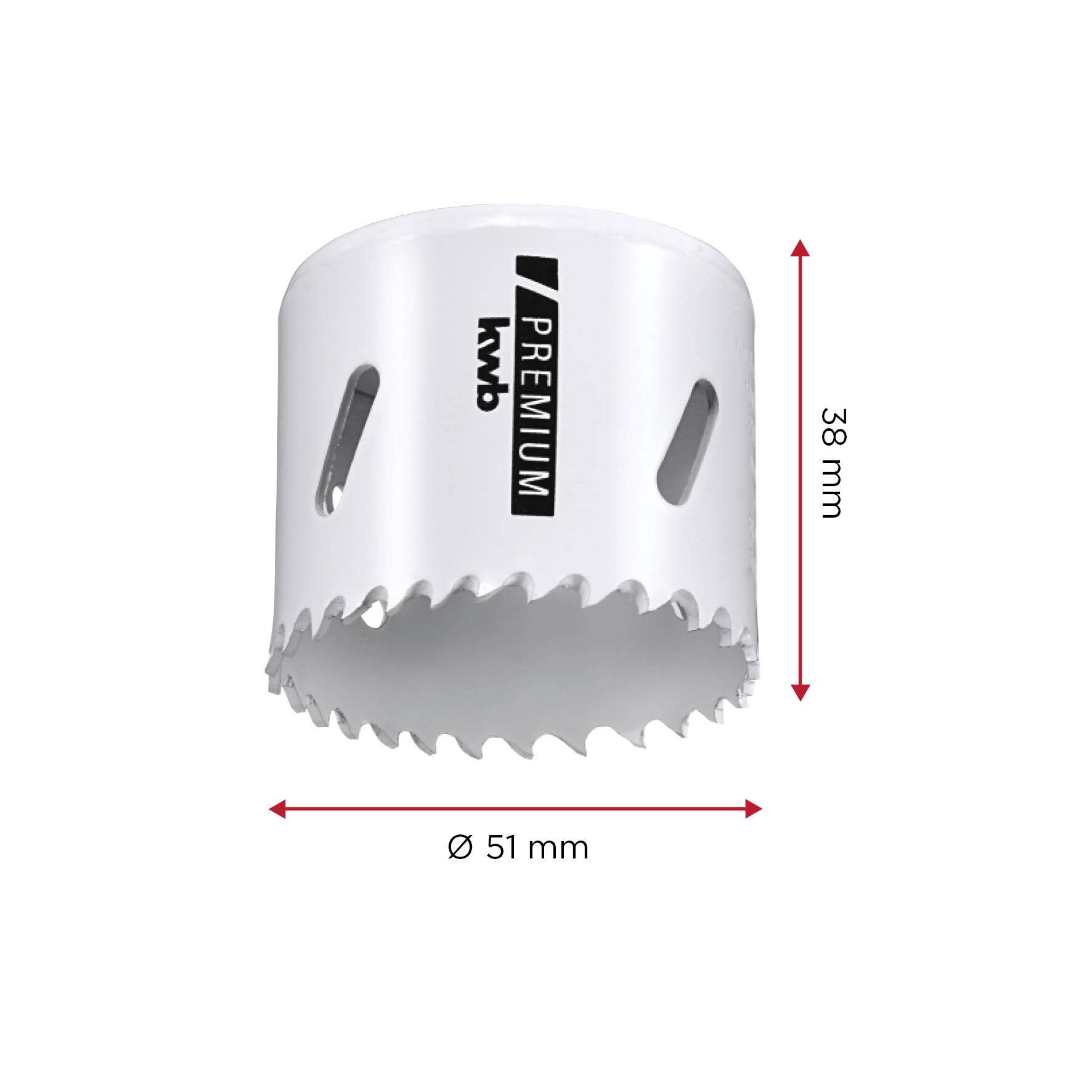 Lochsäge mit einem Durchmesser von 51 mm und einer Höhe von 38 mm. Weiße Farbe mit schwarzen und grauen Etiketten.