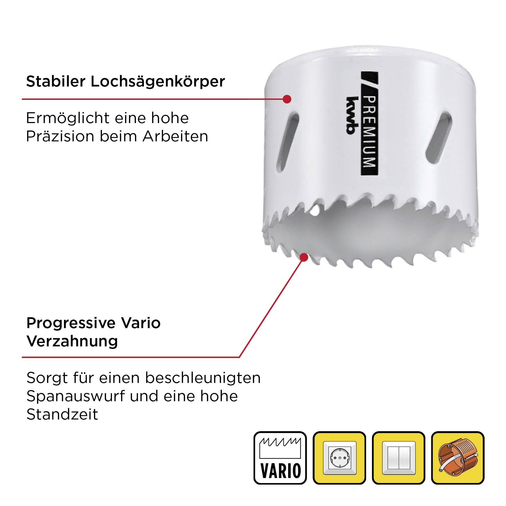 Ein Lochsägenkopf mit stabilem Körper und progressiver Vario-Verzahnung für präzises Arbeiten und beschleunigten Spanwurf.