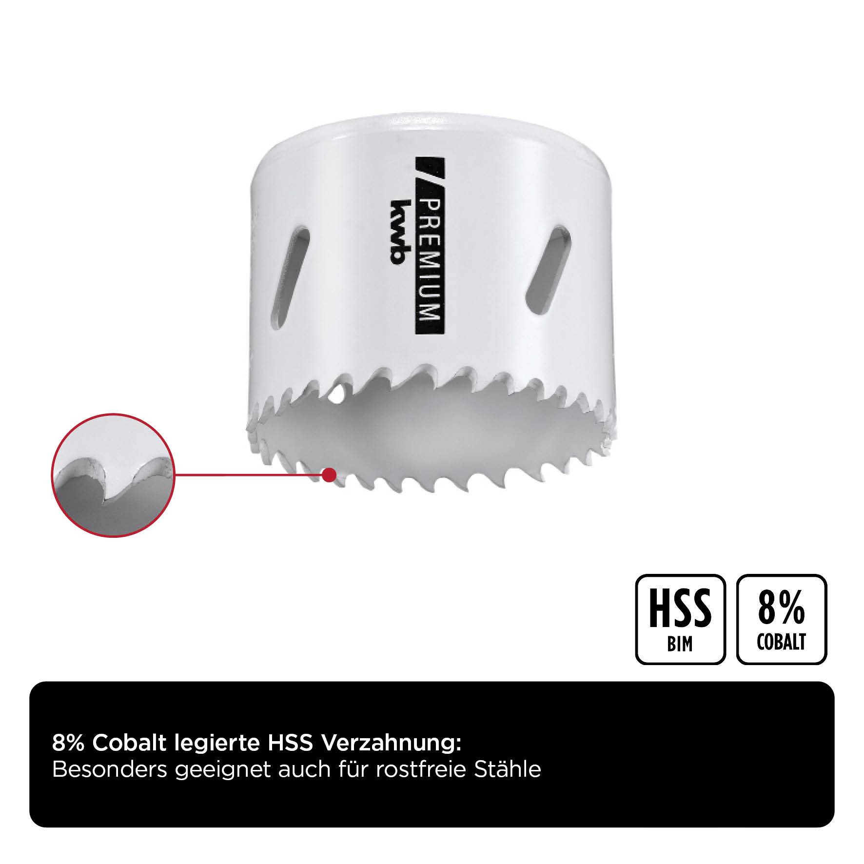 Lochsäge mit 8% Kobalt legierter HSS-Verzahnung, besonders geeignet für rostfreie Stähle. Text 'HSS BIM' und '8% Cobalt'.