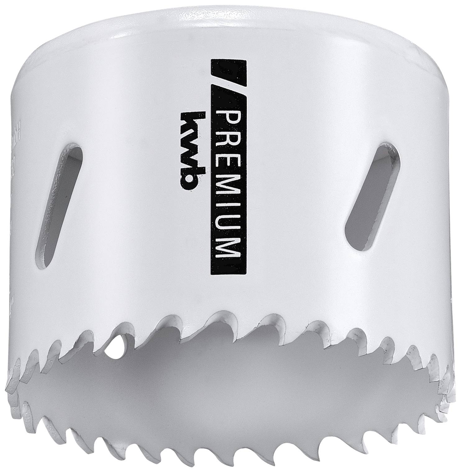 Metall-Lochsäge mit scharfen Zähnen, weißem Gehäuse und dem Aufdruck 'kwb Premium'. Geeignet für präzises Schneiden in verschiedene Materialien.