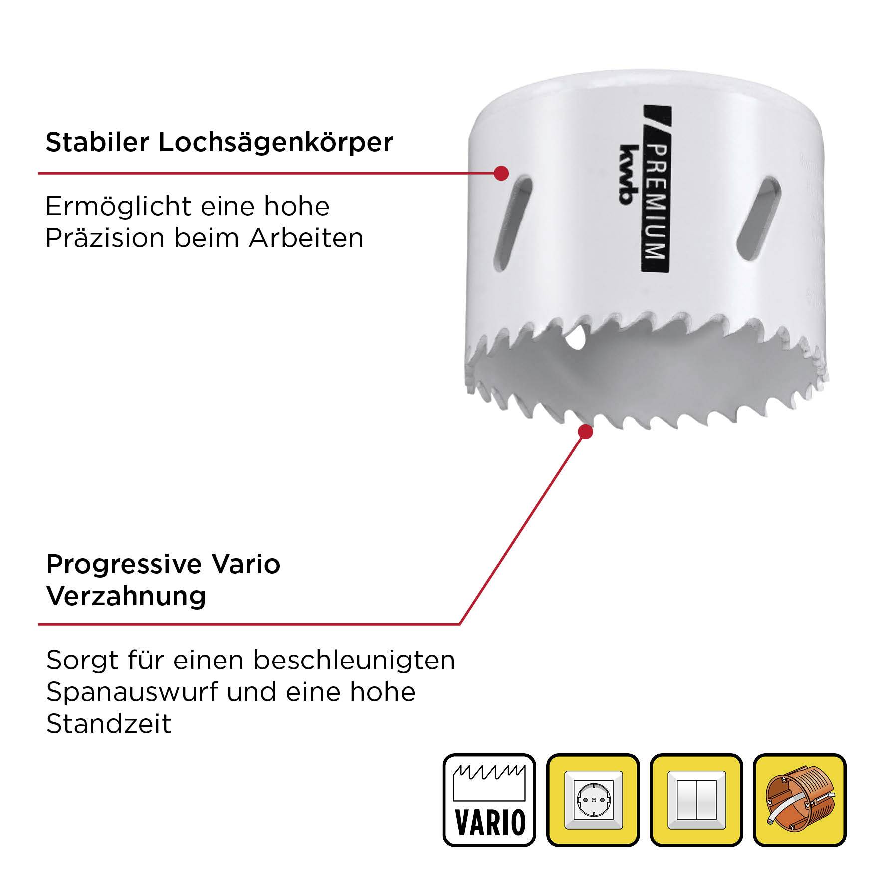 Eine stabile Lochsäge mit progressiver Vario-Verzahnung, die eine hohe Präzision und beschleunigten Spanabwurf ermöglicht.