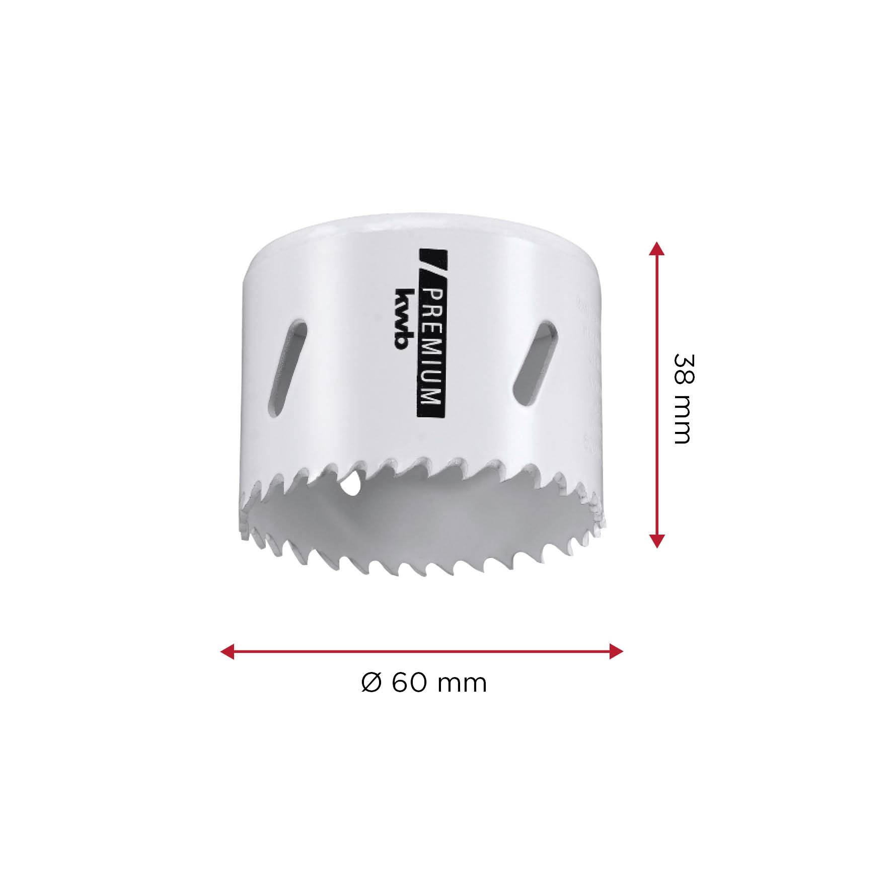 Weißer Lochsägeaufsatz, Ø 60 mm, Höhe 38 mm, mit gezackten Schneidzähnen und drei seitlichen Schlitzen zur Befestigung.