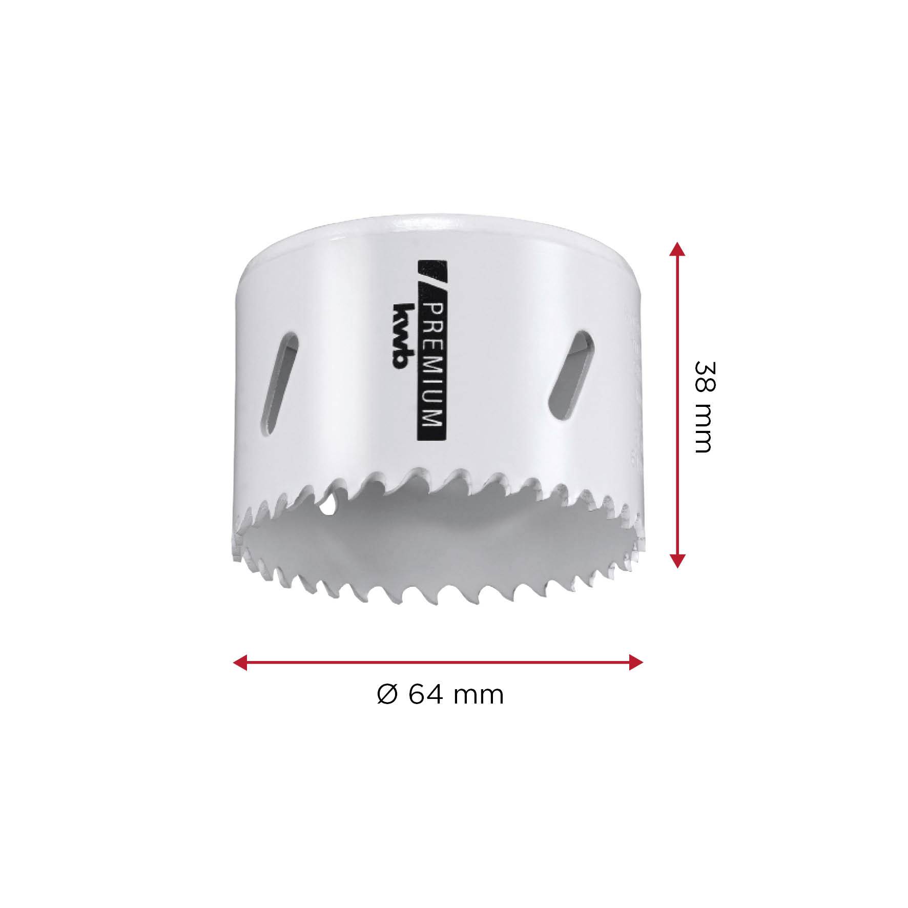 Eine weiße Lochsäge mit einem Durchmesser von 64 mm und einer Höhe von 38 mm.