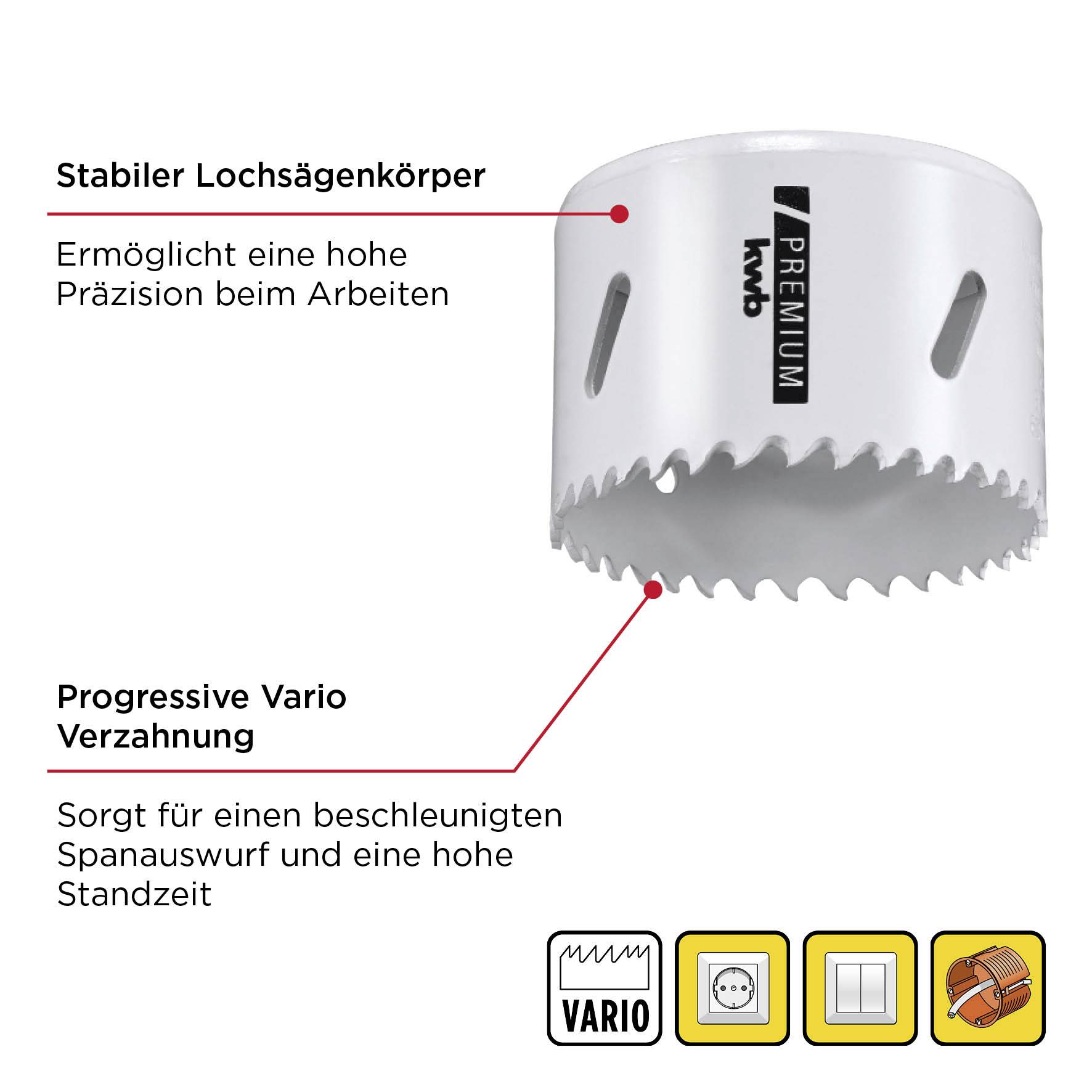 Lochsäge mit stabilem Körper für Präzision und progressiver Verzahnung für schnellen Spanabwurf. Eignung: Metall und Holz.