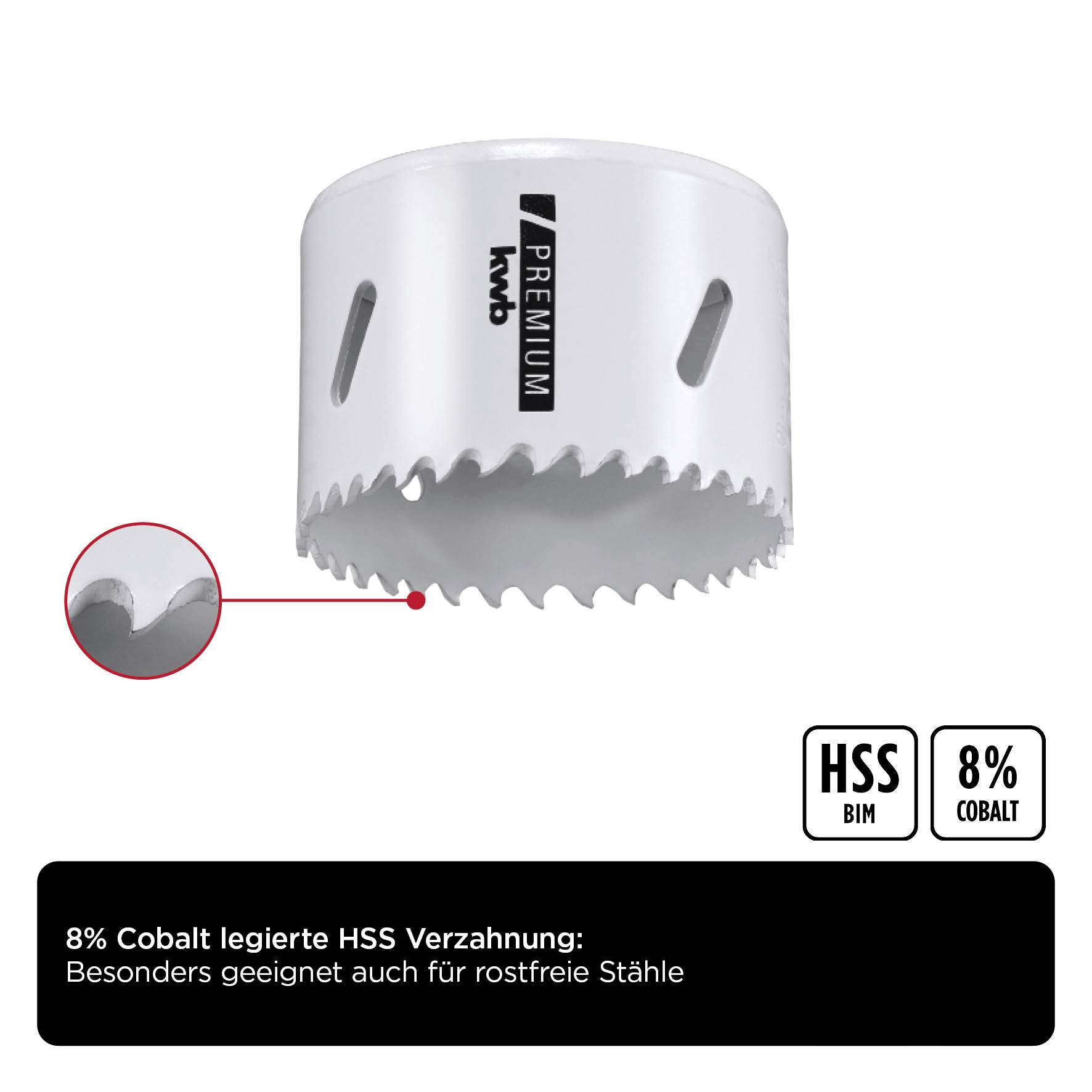 Bohrkrone mit HSS- und 8% Kobaltlegierung. Beschriftung betont Eignung für rostfreie Stähle.