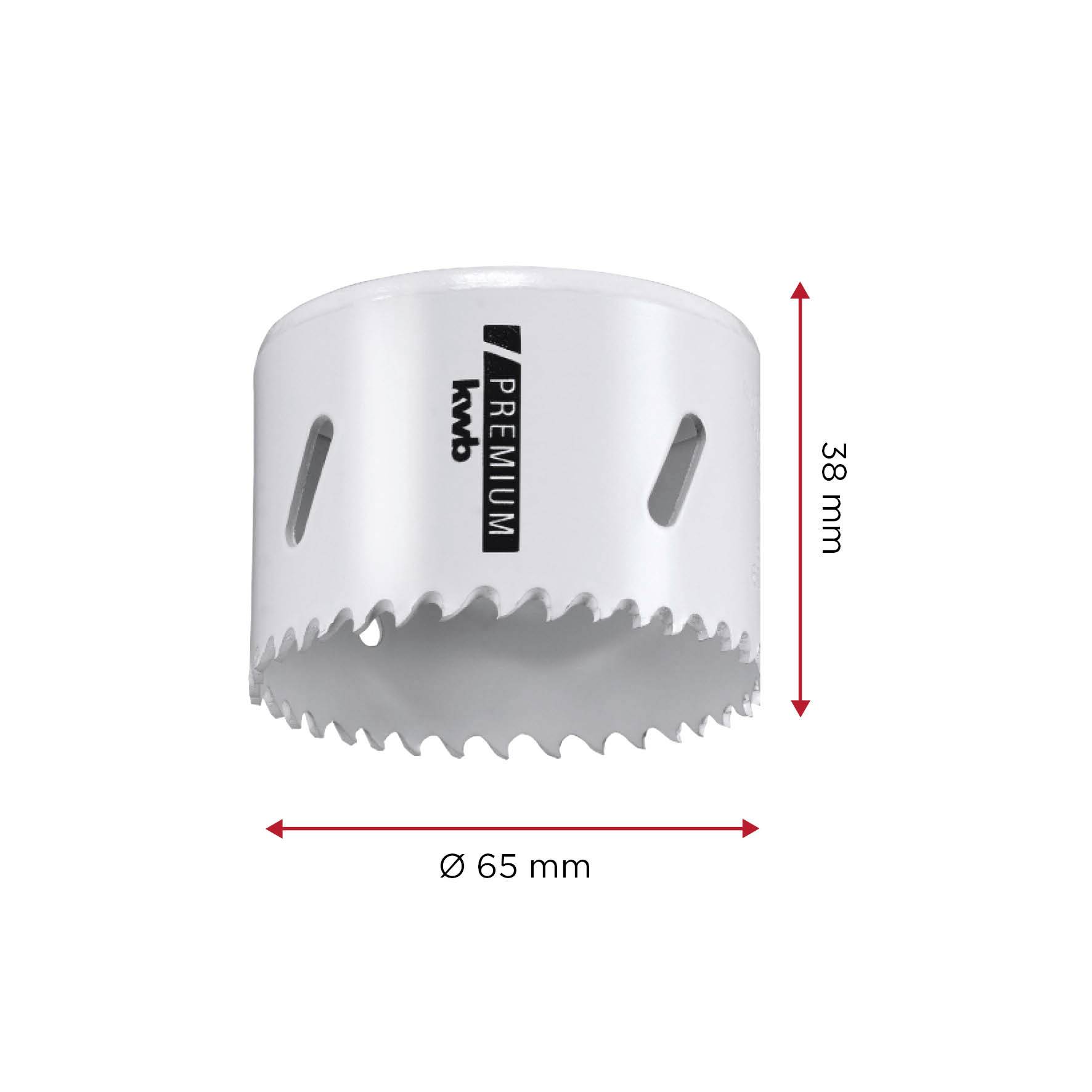 Bohrkrone aus Metall mit Zähnen, 65 mm Durchmesser, 38 mm Höhe, Aufschrift 'Premium kwb'.