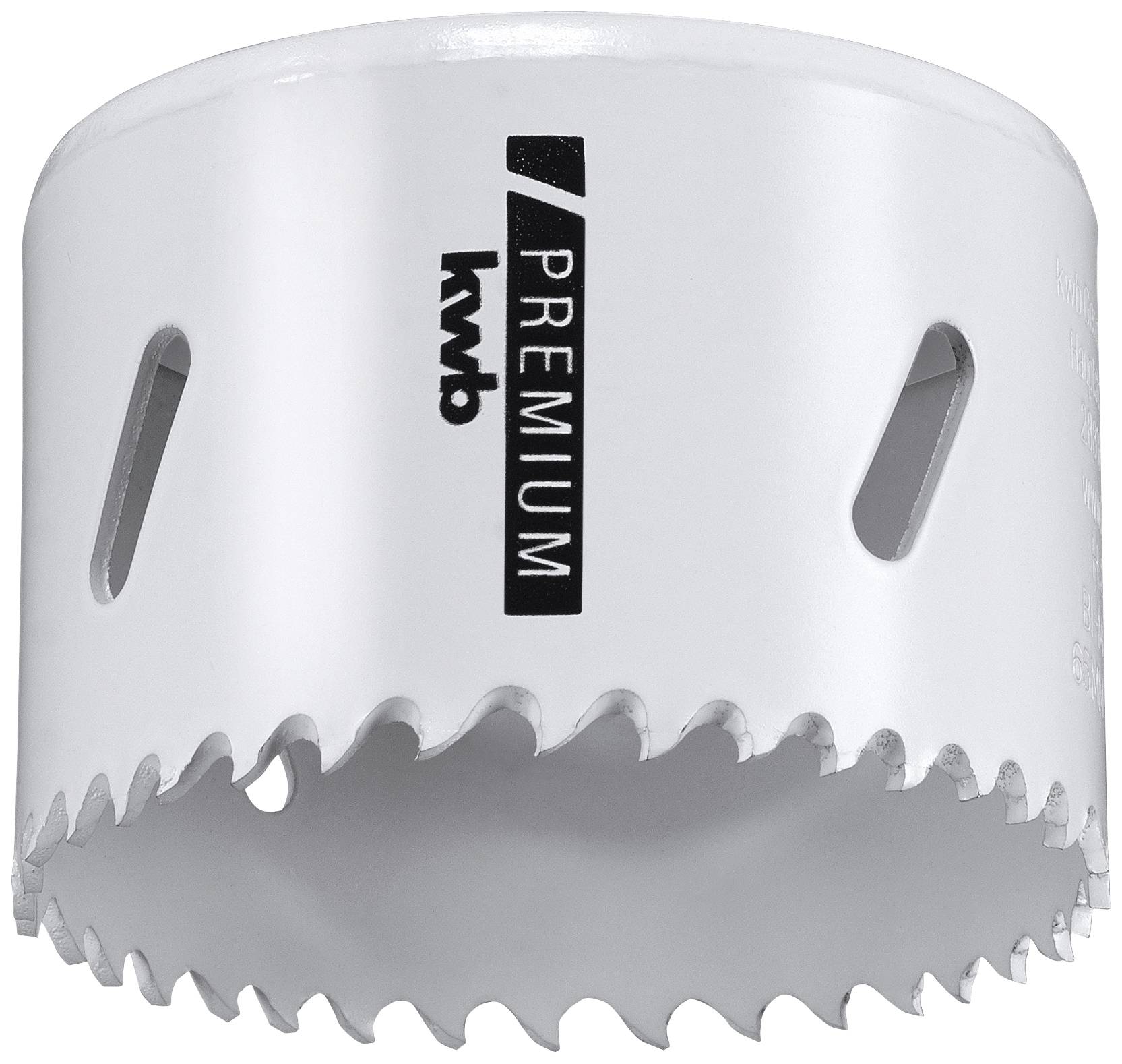 Eine weiße Lochsäge mit der Aufschrift 'kwb Premium', die für das Schneiden von runden Löchern in Materialien verwendet wird.