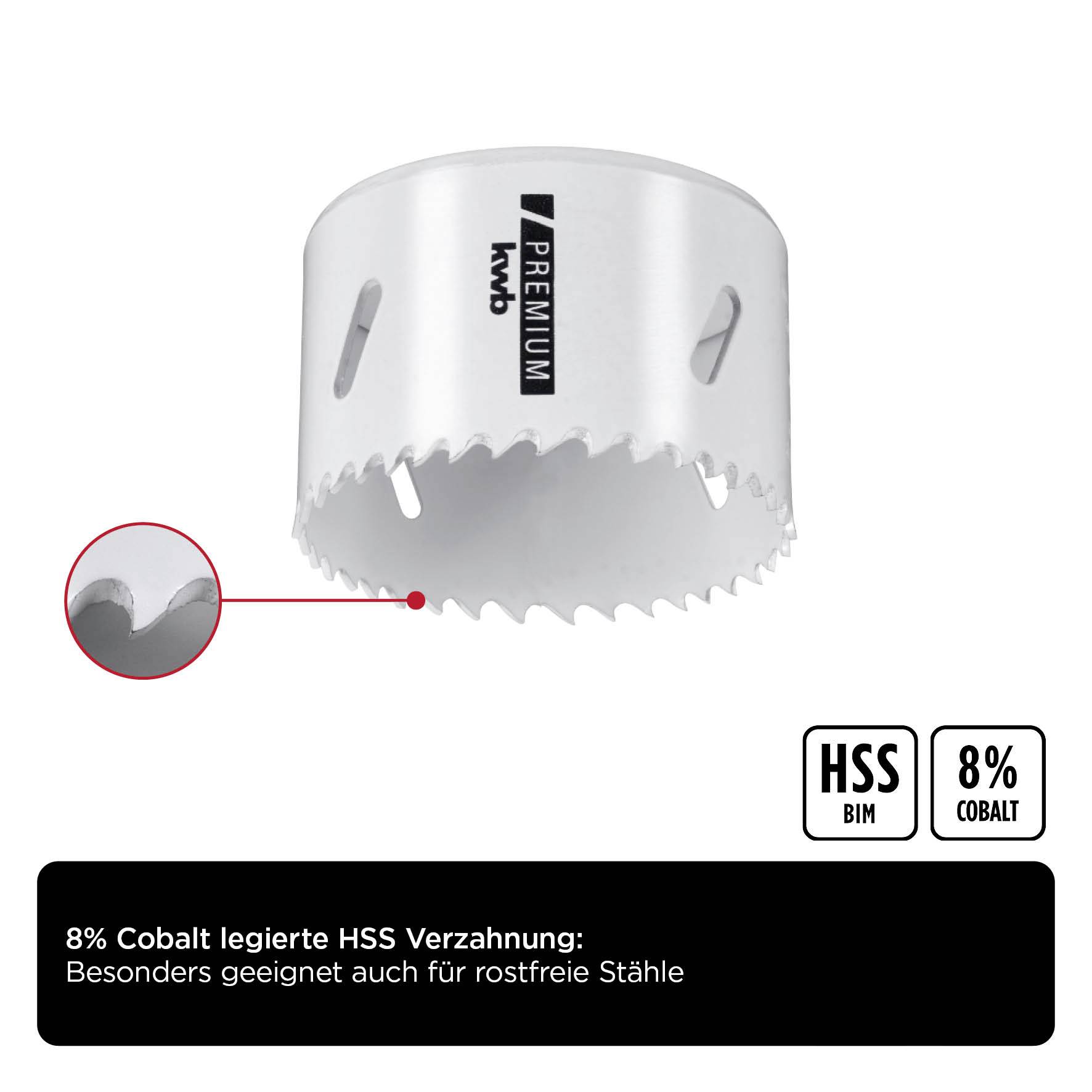 Lochsäge mit HSS-Verzahnung, 8% Kobaltanteil. Geeignet für rostfreie Stähle. Weiße Farbe, rechteckige Aussparungen auf der Seite.