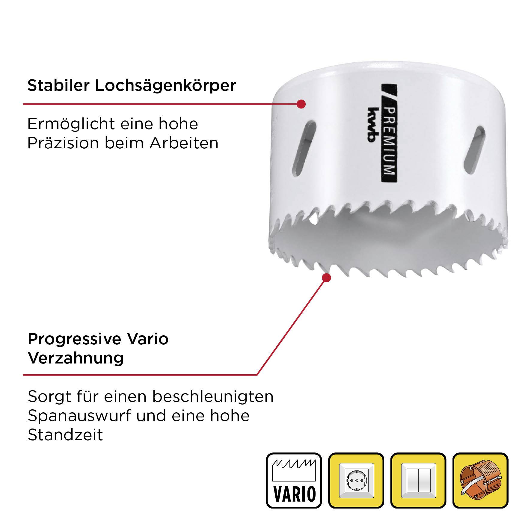 Stabile Lochsäge mit progressiver Vario-Verzahnung für erhöhte Präzision und schnelle Spanabfuhr. Geeignet für langlebigen Einsatz.