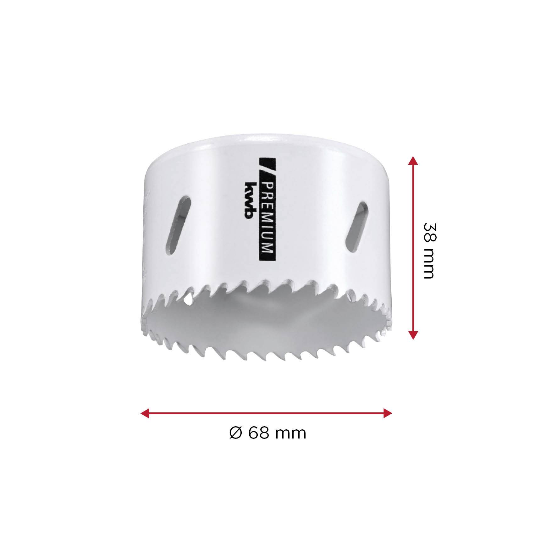 Eine weiße Lochsäge mit einem Durchmesser von 68 mm und einer Höhe von 38 mm.