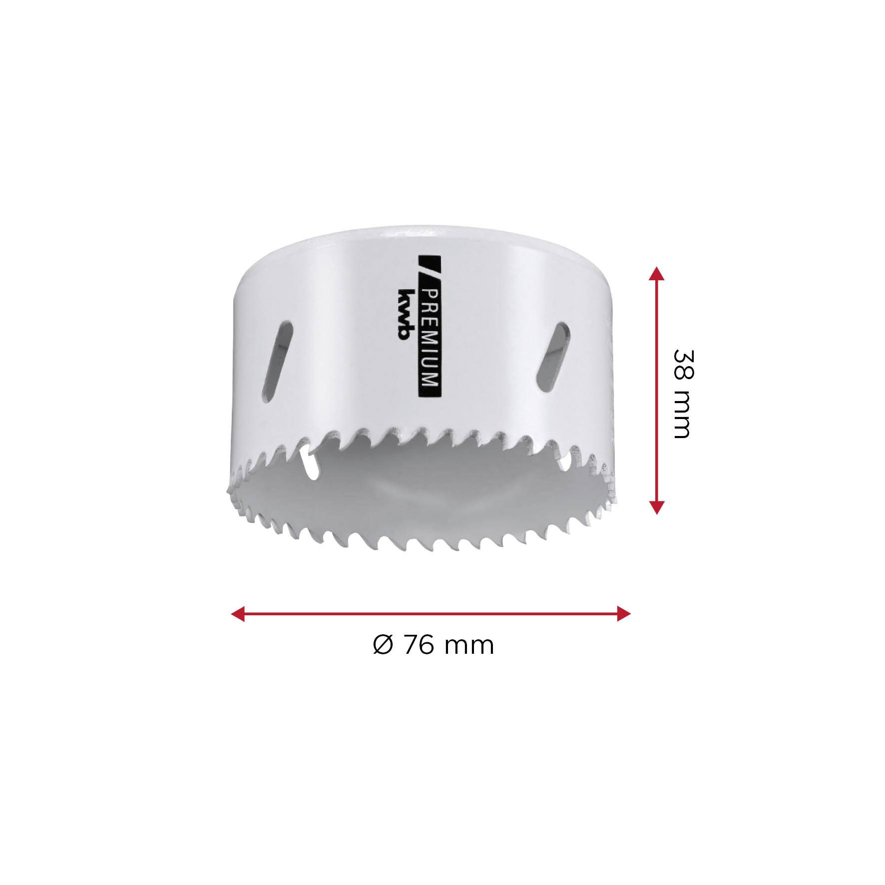 'Lochsäge mit 76 mm Durchmesser und 38 mm Höhe. Weiß, gezahnt, mit Markierung 'Premium'.'