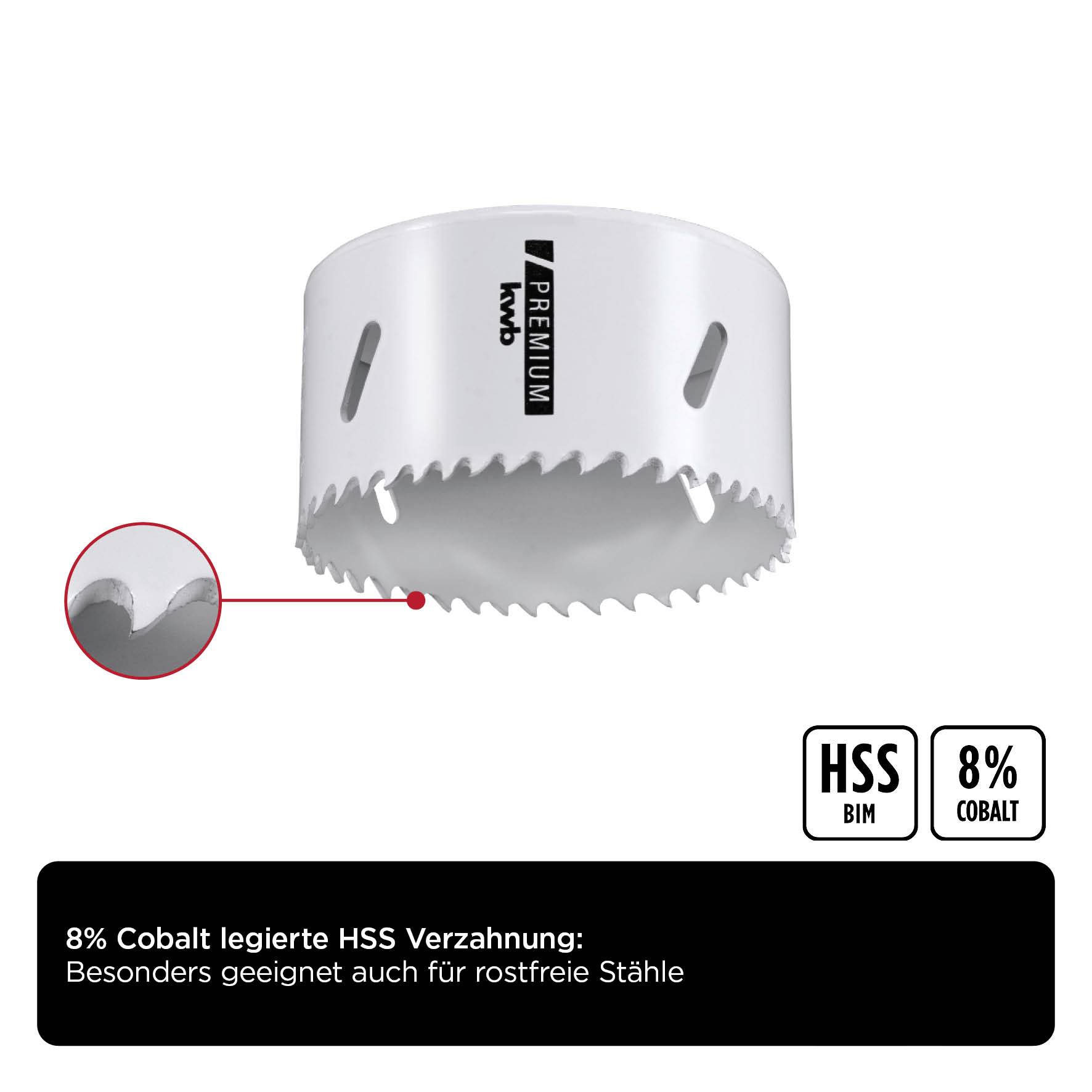 Lochsäge mit 8% kobaltlegierter HSS Verzahnung, ideal für Edelstahl. Weiße, zahnreiche Säge mit Betonung auf verbesserter Langlebigkeit.