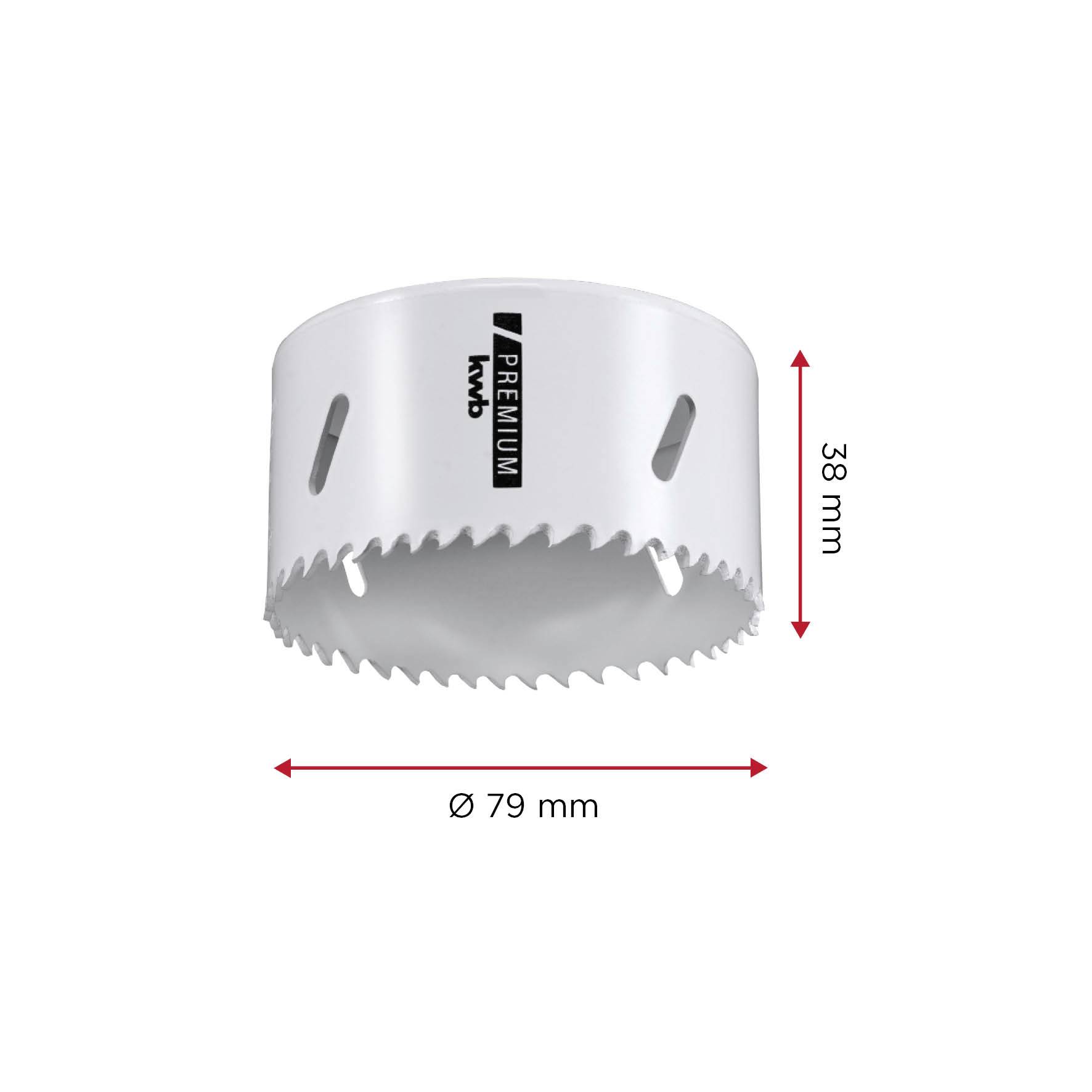 Bohrkrone aus Metall mit 79 mm Durchmesser und 38 mm Höhe, beschriftet mit 'Premium kwb'. Geeignet für präzises Bohren.