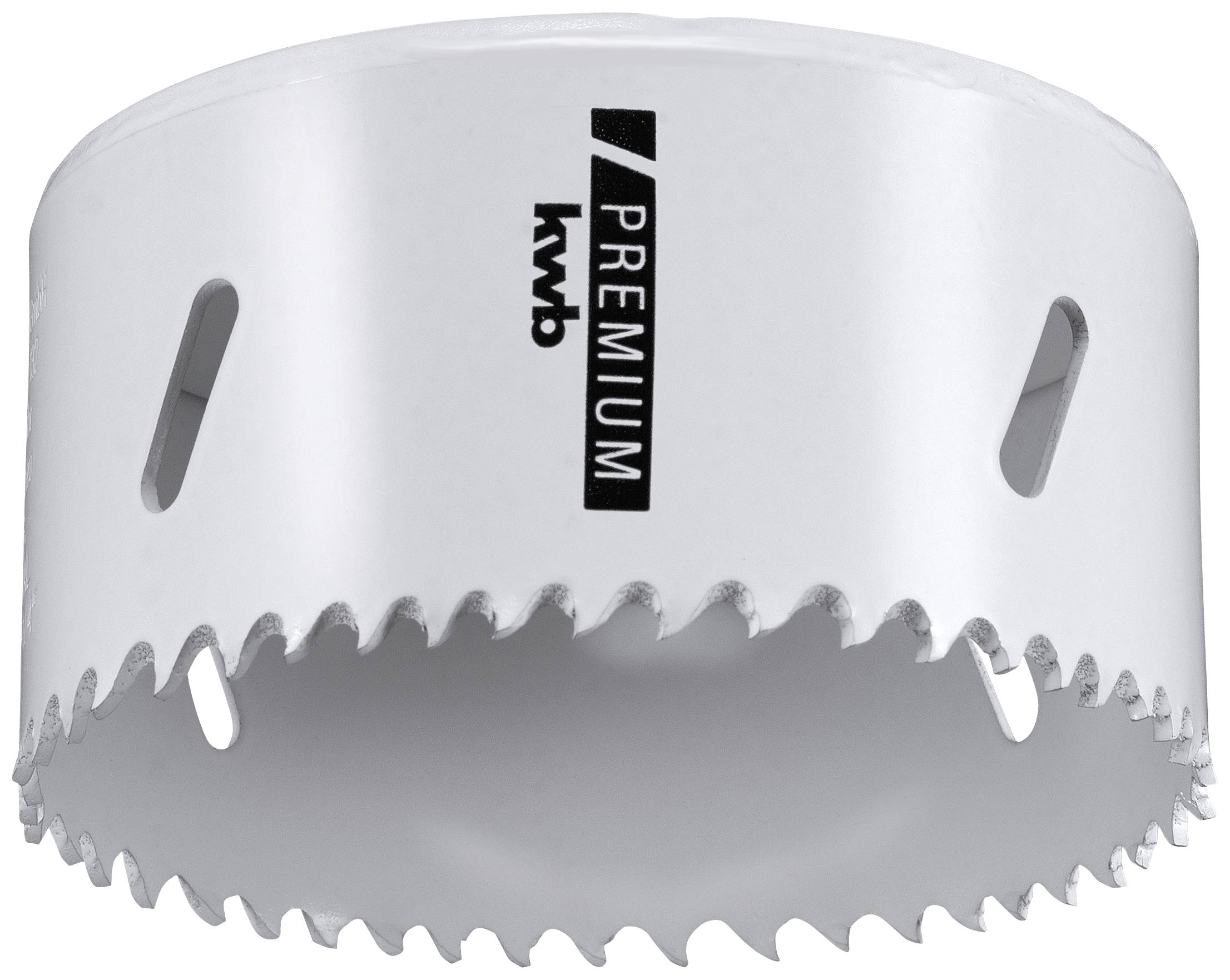 Eine weiße Lochsäge mit scharfen Zähnen und dem Aufdruck 'kwb Premium', geeignet zum Schneiden von Materialien.
