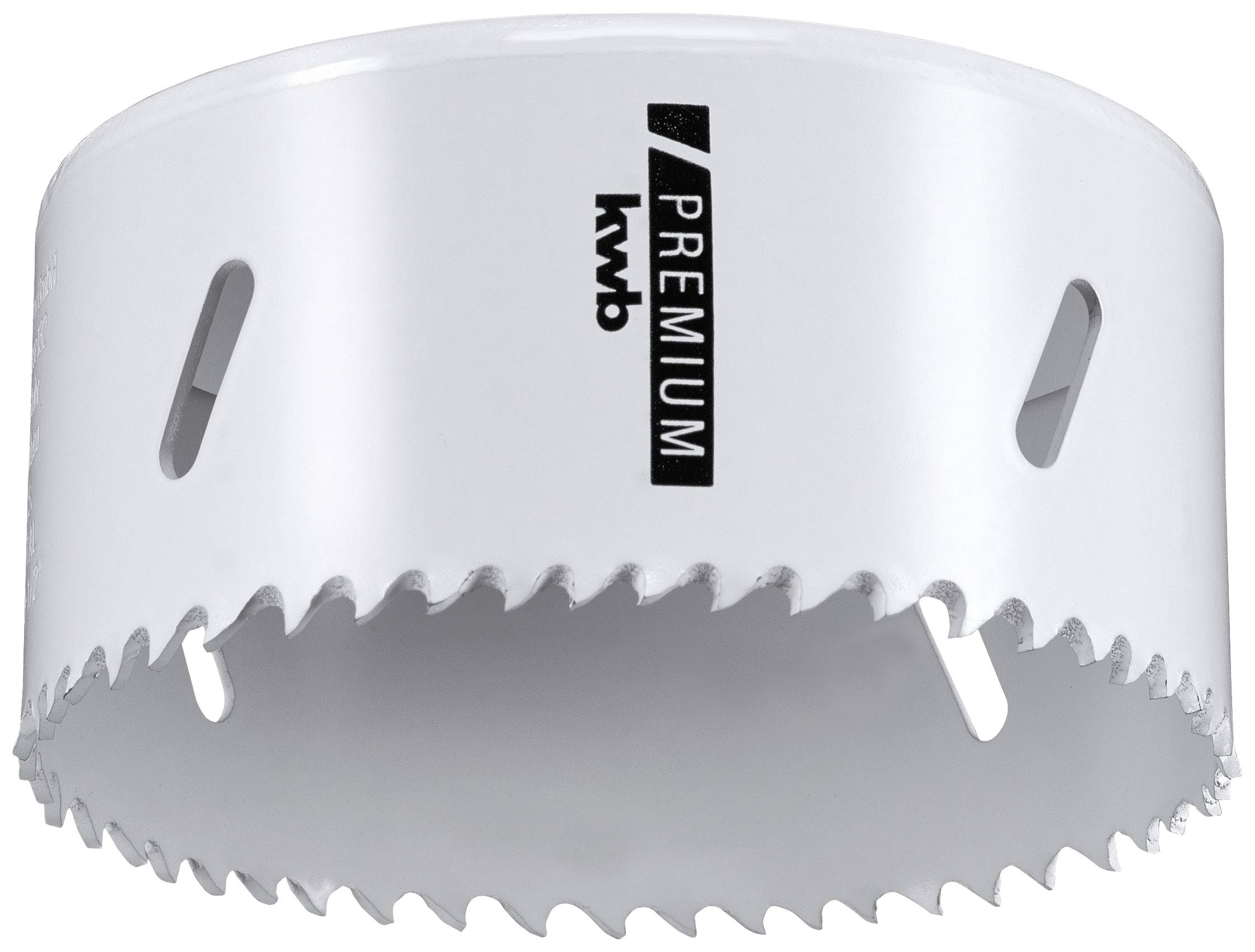 'kwb Premium' Lochsäge mit scharfen Zähnen und Lüftungsschlitzen, geeignet für präzise Bohrarbeiten in verschiedenen Materialien.