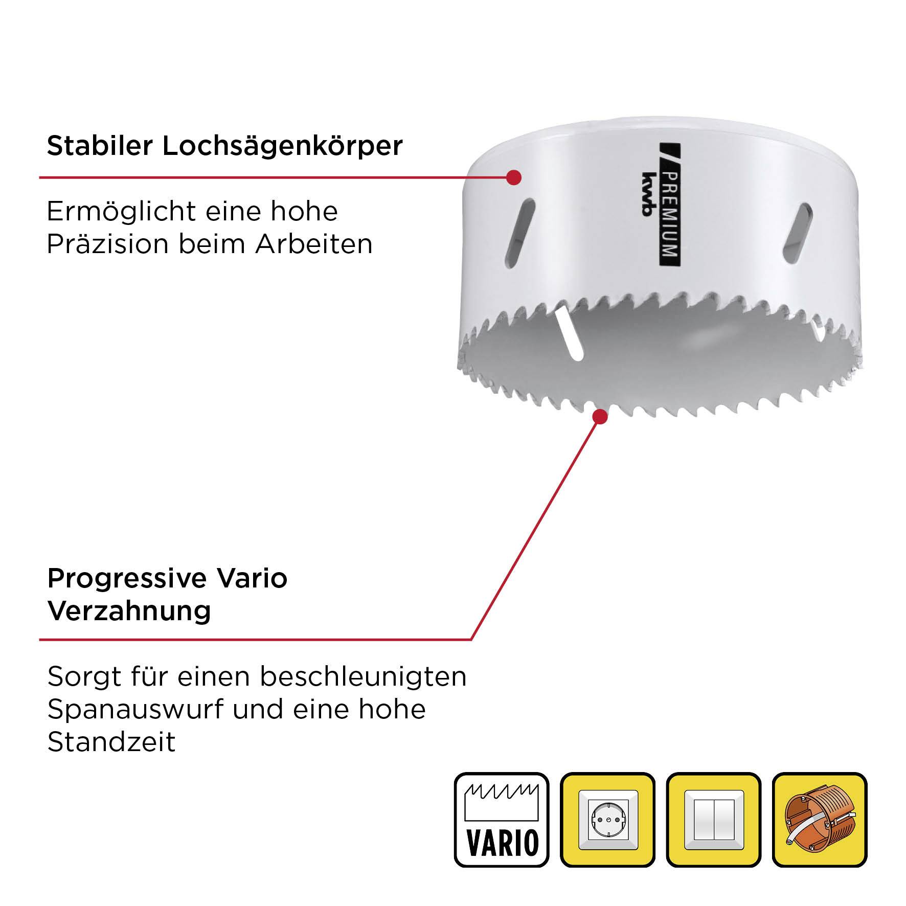 Lochsäge mit stabilem Körper und progressiver Vario-Verzahnung für präzises Arbeiten und hohe Standzeit.