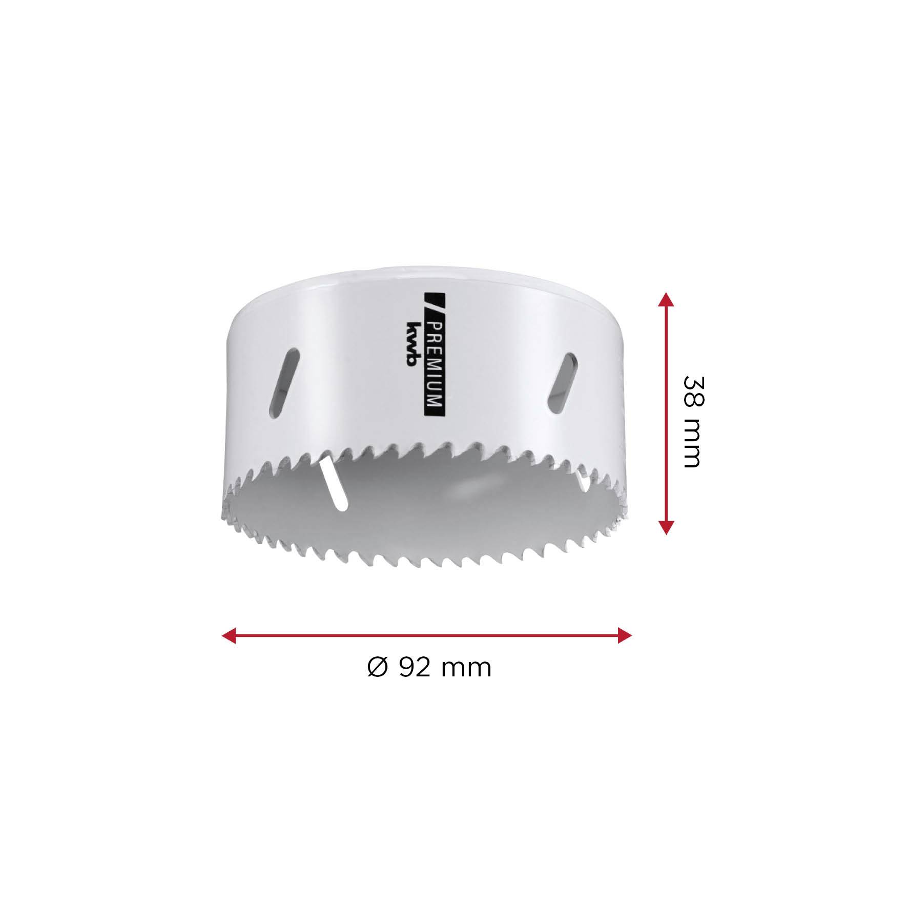 Kreissägeblatt mit einem Durchmesser von 92 mm und einer Höhe von 38 mm, weiß mit ausgesparten Zähnen.