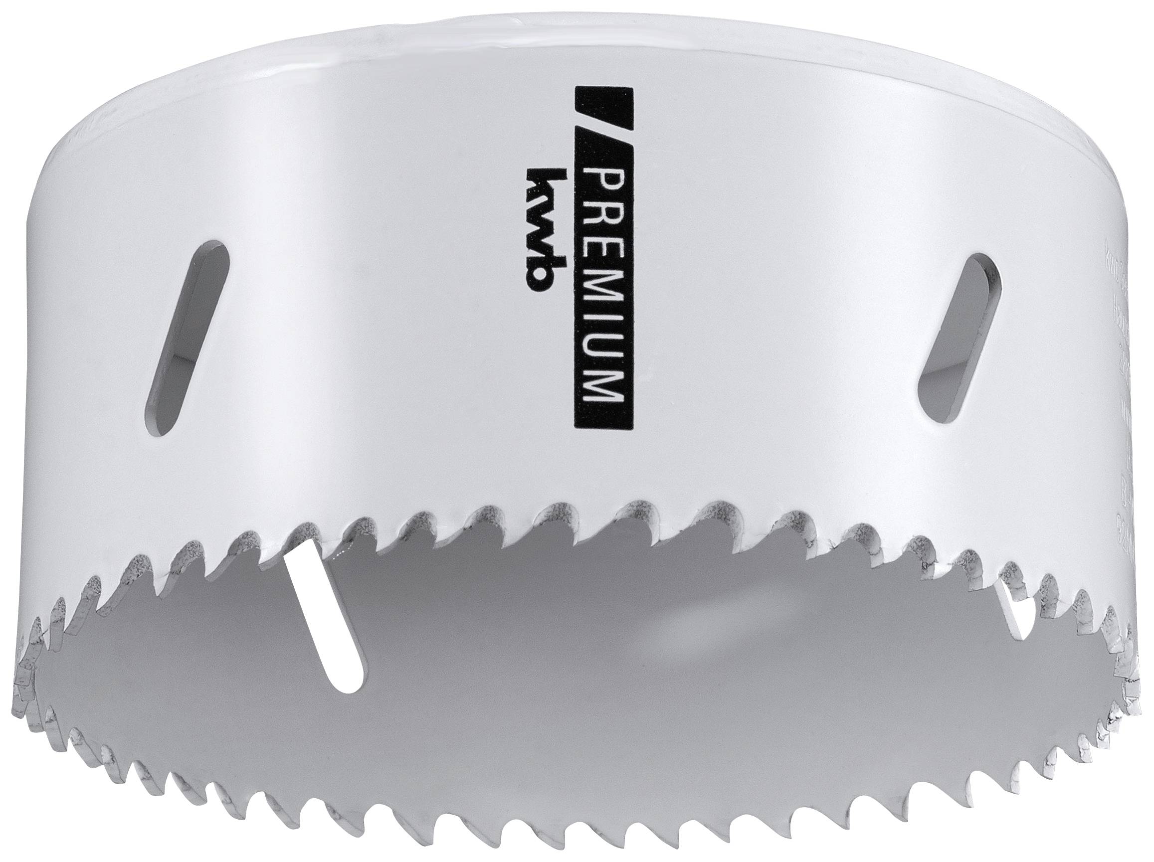 Metall-Lochsäge mit scharfen Zähnen, gebrandmarkt mit 'kwb PREMIUM', zur präzisen Bearbeitung von Materialien wie Metall oder Holz.