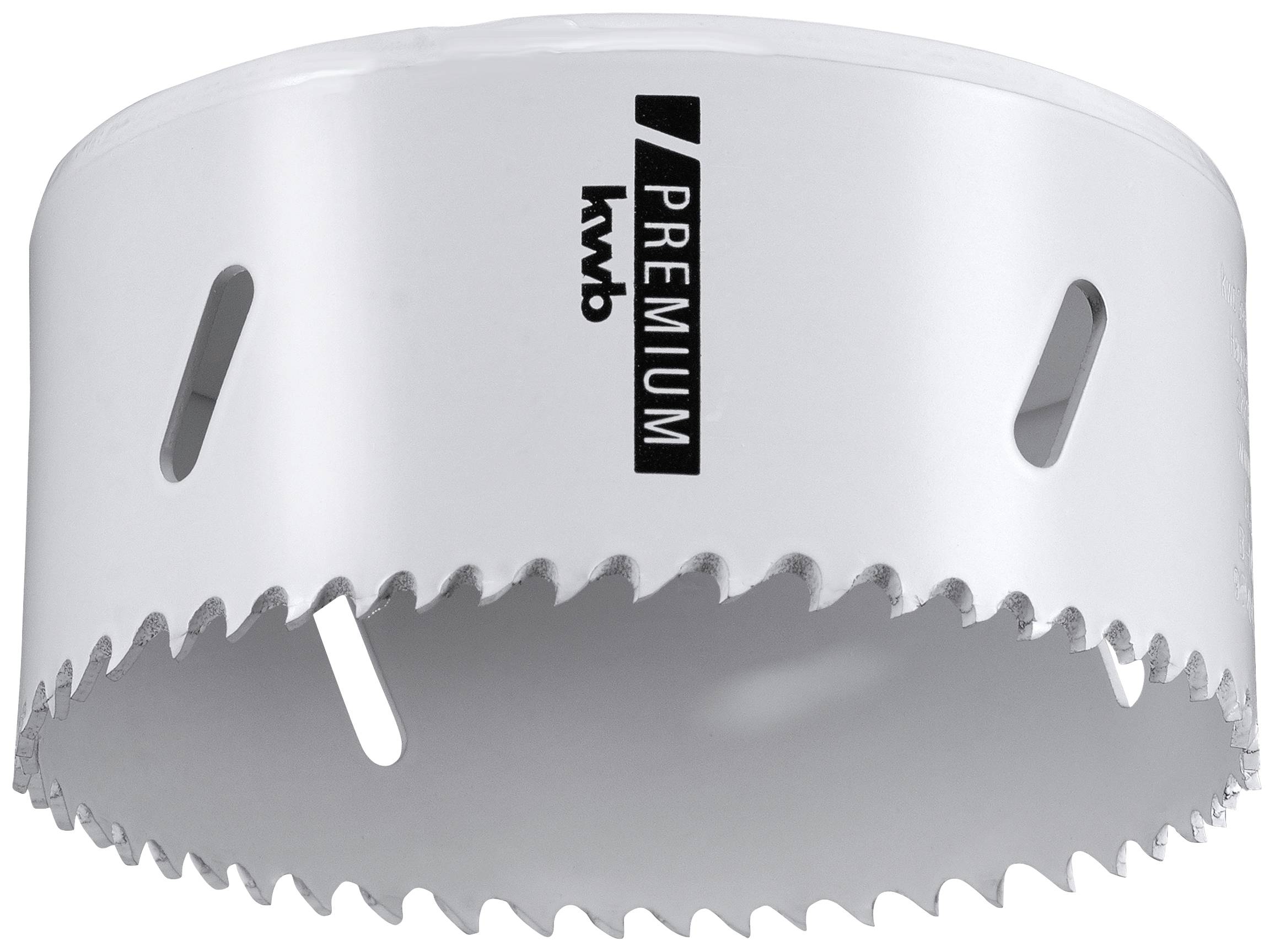 Lochsäge mit spitzen Zähnen und 'KWB Premium' Aufdruck, zur Bearbeitung verschiedener Materialien.